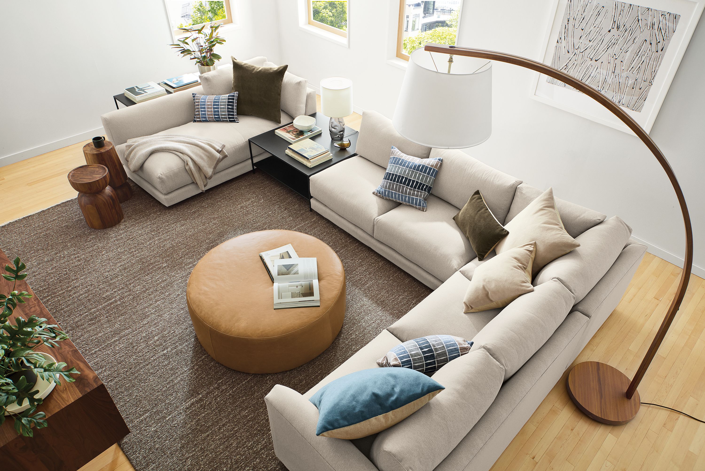 42" diam round ottoman in Palermo camel leather