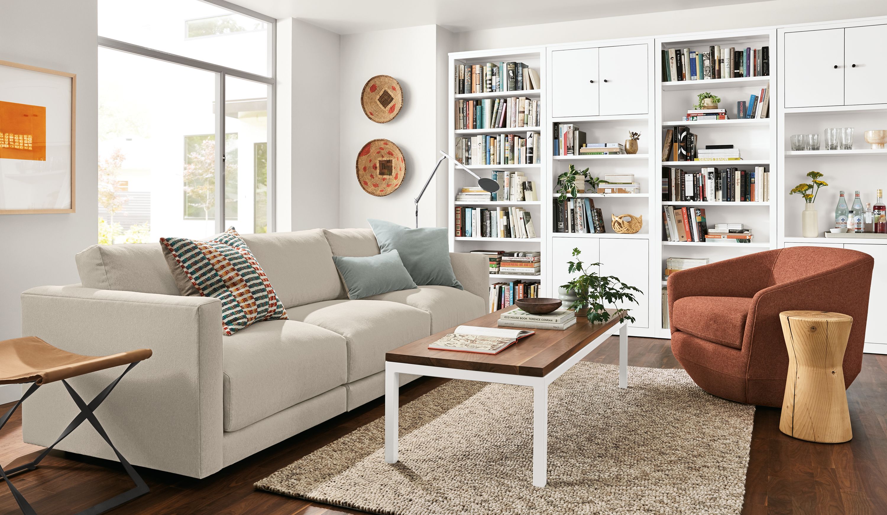 Detail of Clemens 3-piece modular sofa in Flint fabric in living room.