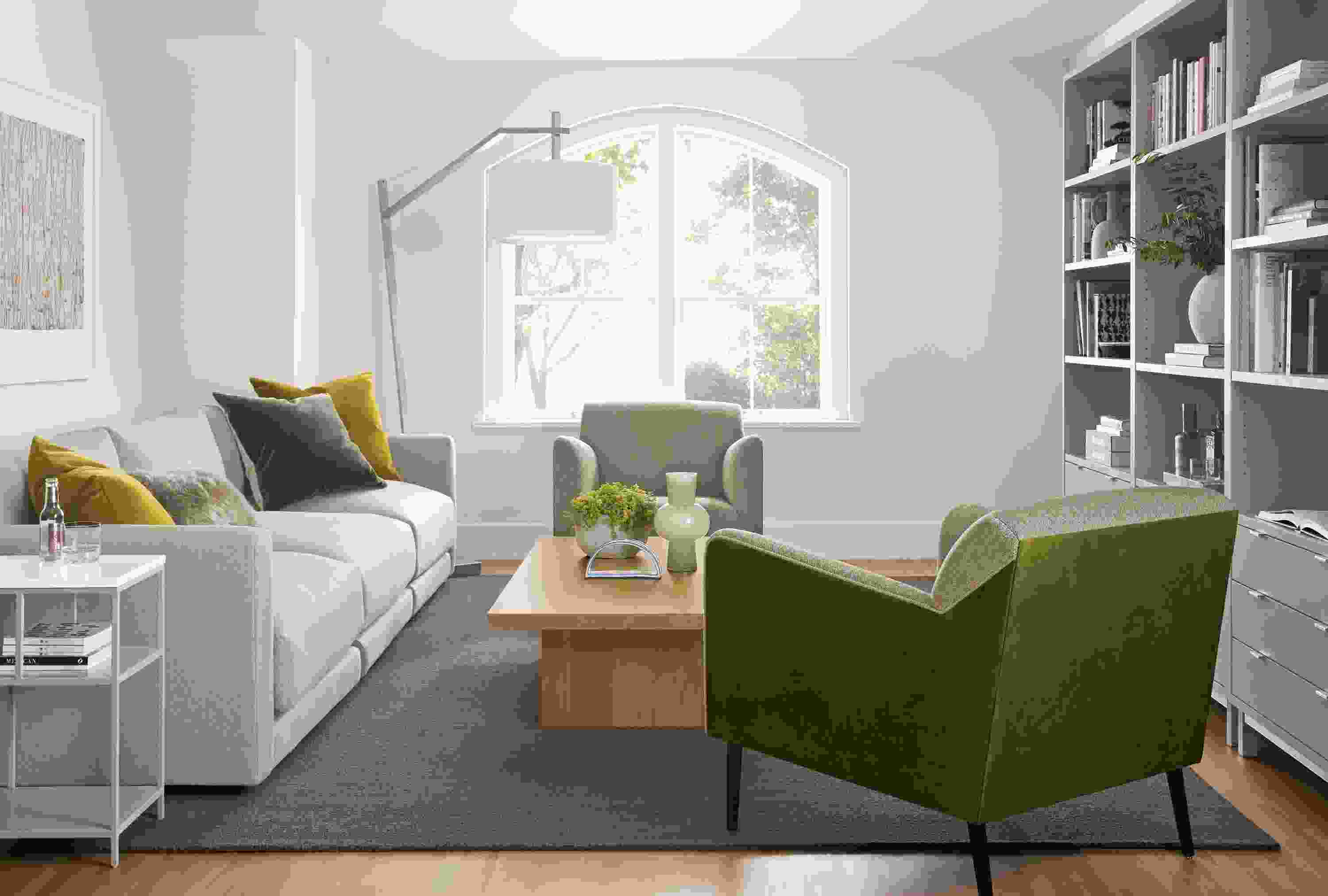 Detail of Clemens extra-deep modular sofa in Flint Oatmeal fabric in living room.