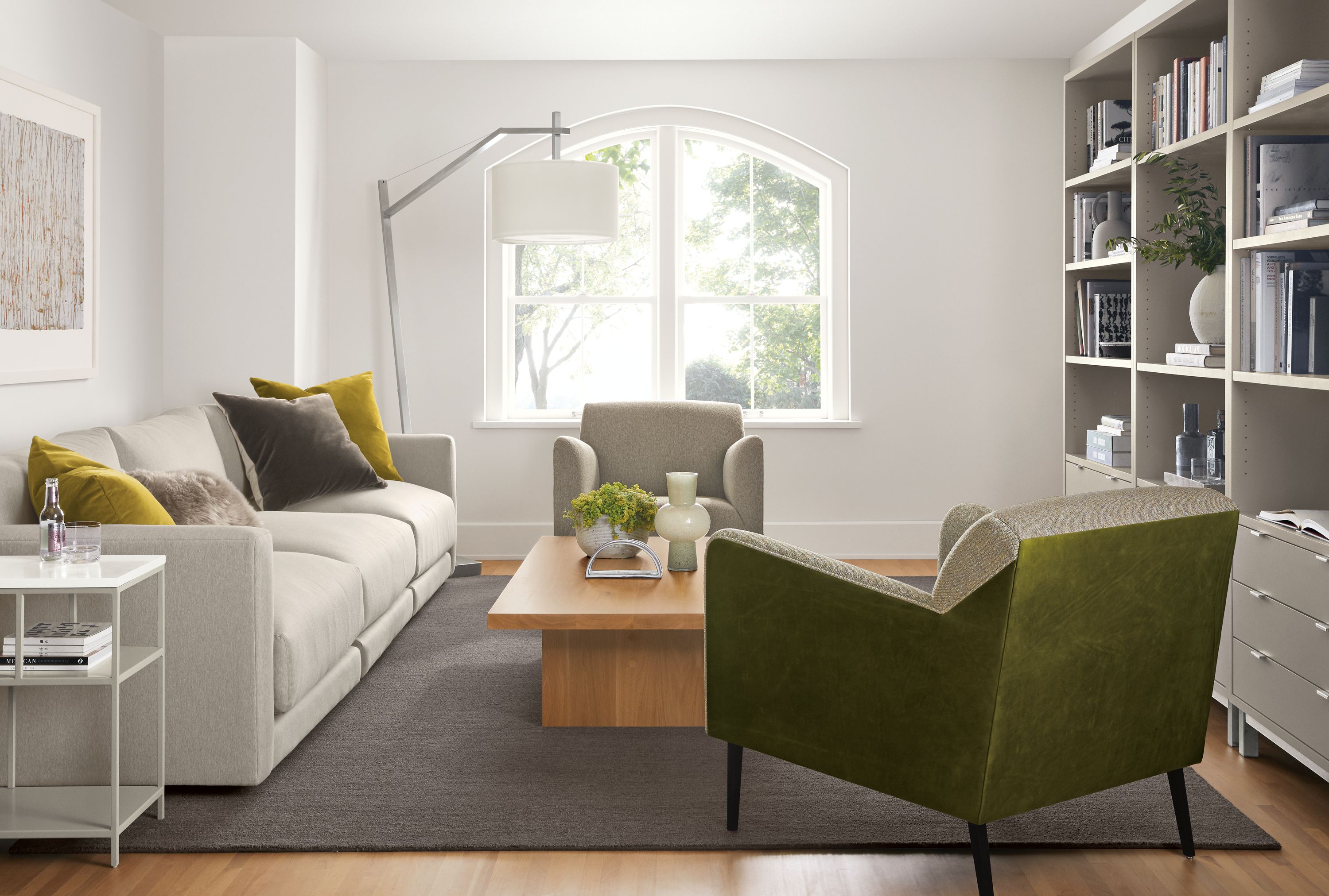 Detail of Clemens extra-deep modular sofa in Flint Oatmeal fabric in living room.
