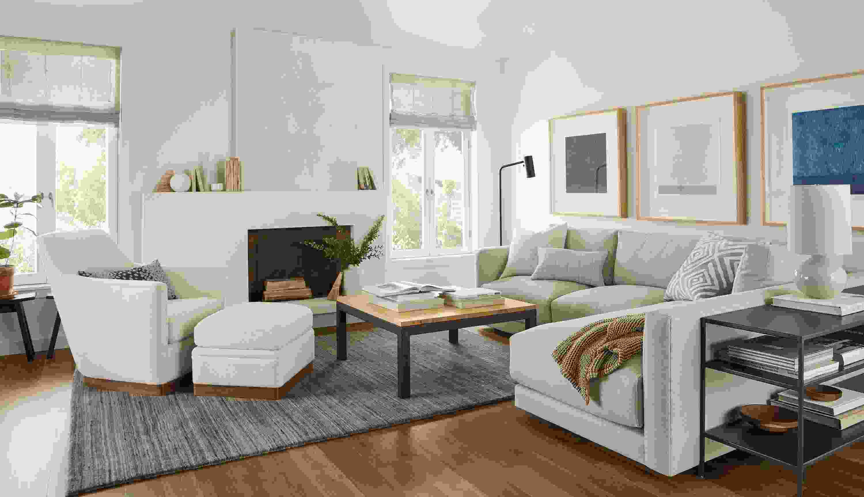 Detail of Clemens sofa with chaise in flint fabric in living room.