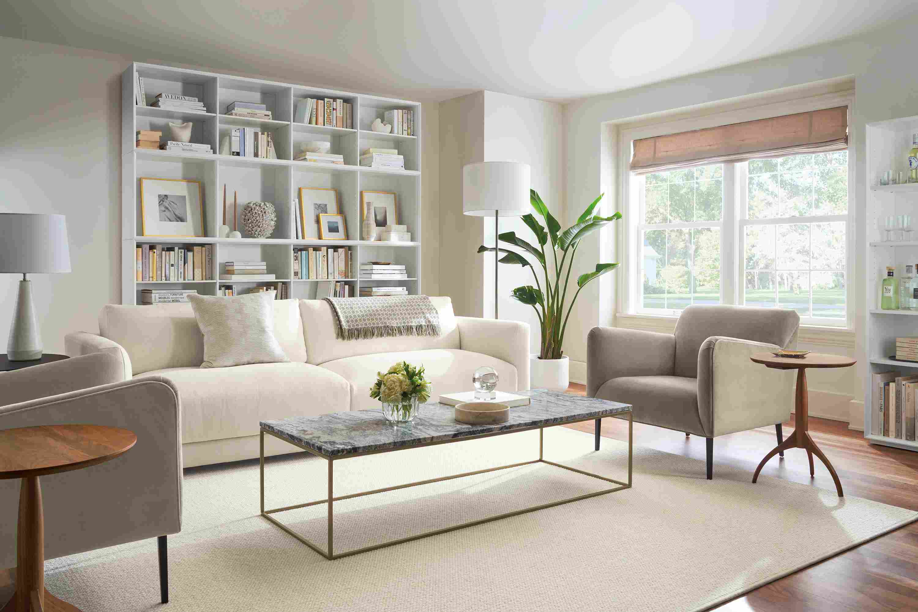 living room with clemens sofa, matteo chairs, tyne coffee table.