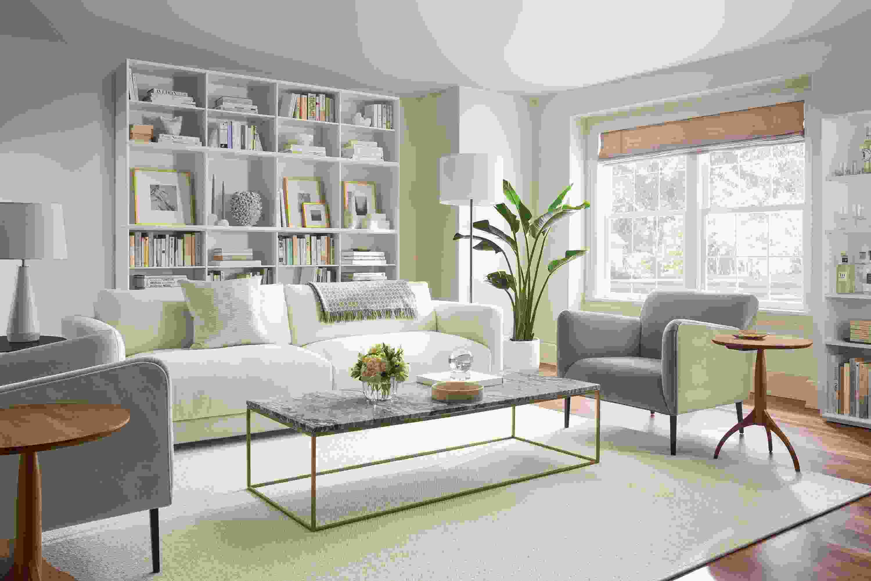 living room with clemens sofa, matteo chairs, tyne coffee table.