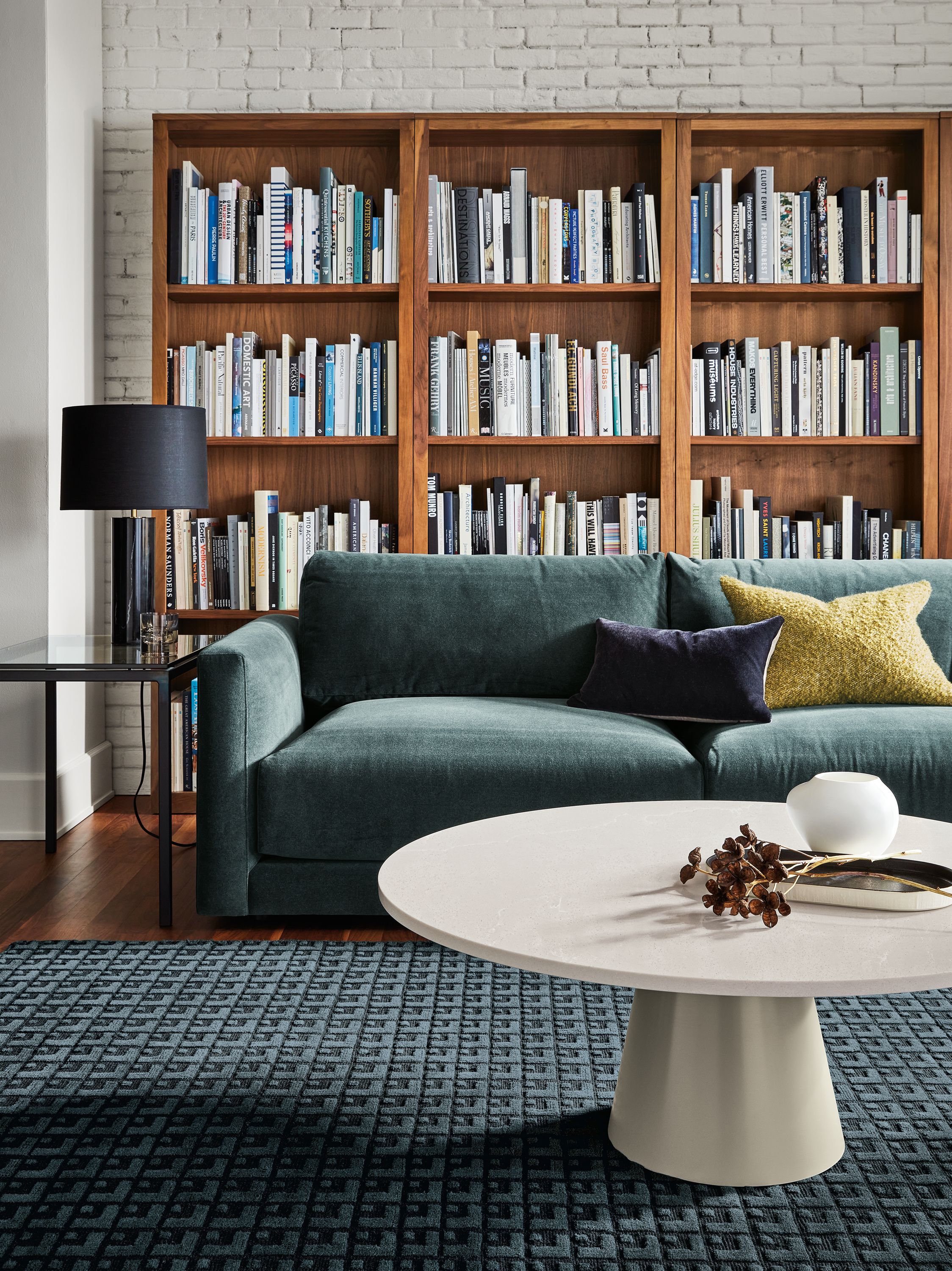 living room setting with cade sofa in vick fabric, decker coffee table.