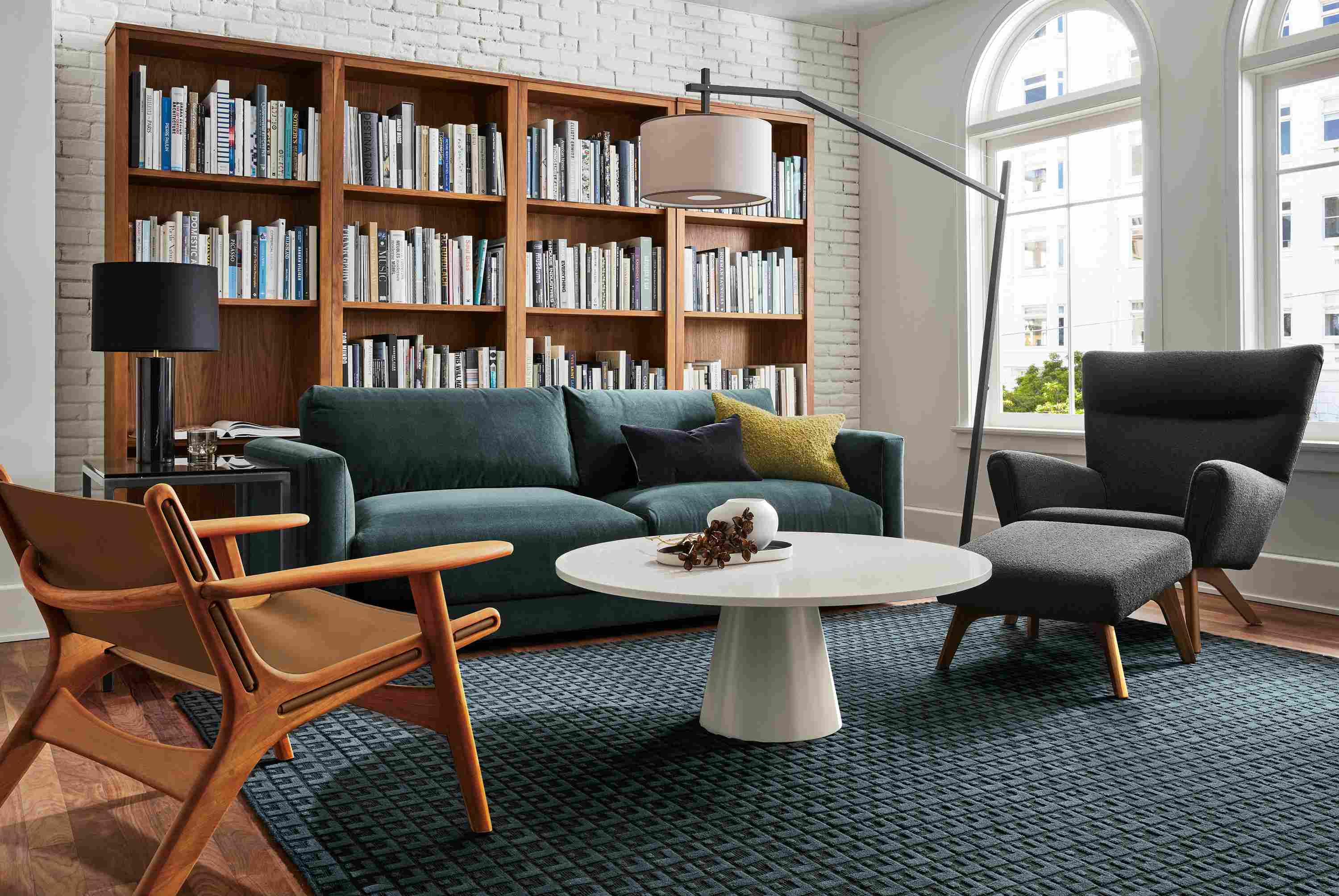 Living room setting with Clemens sofa, Boden chair, Lars chair, Decker coffee table.
