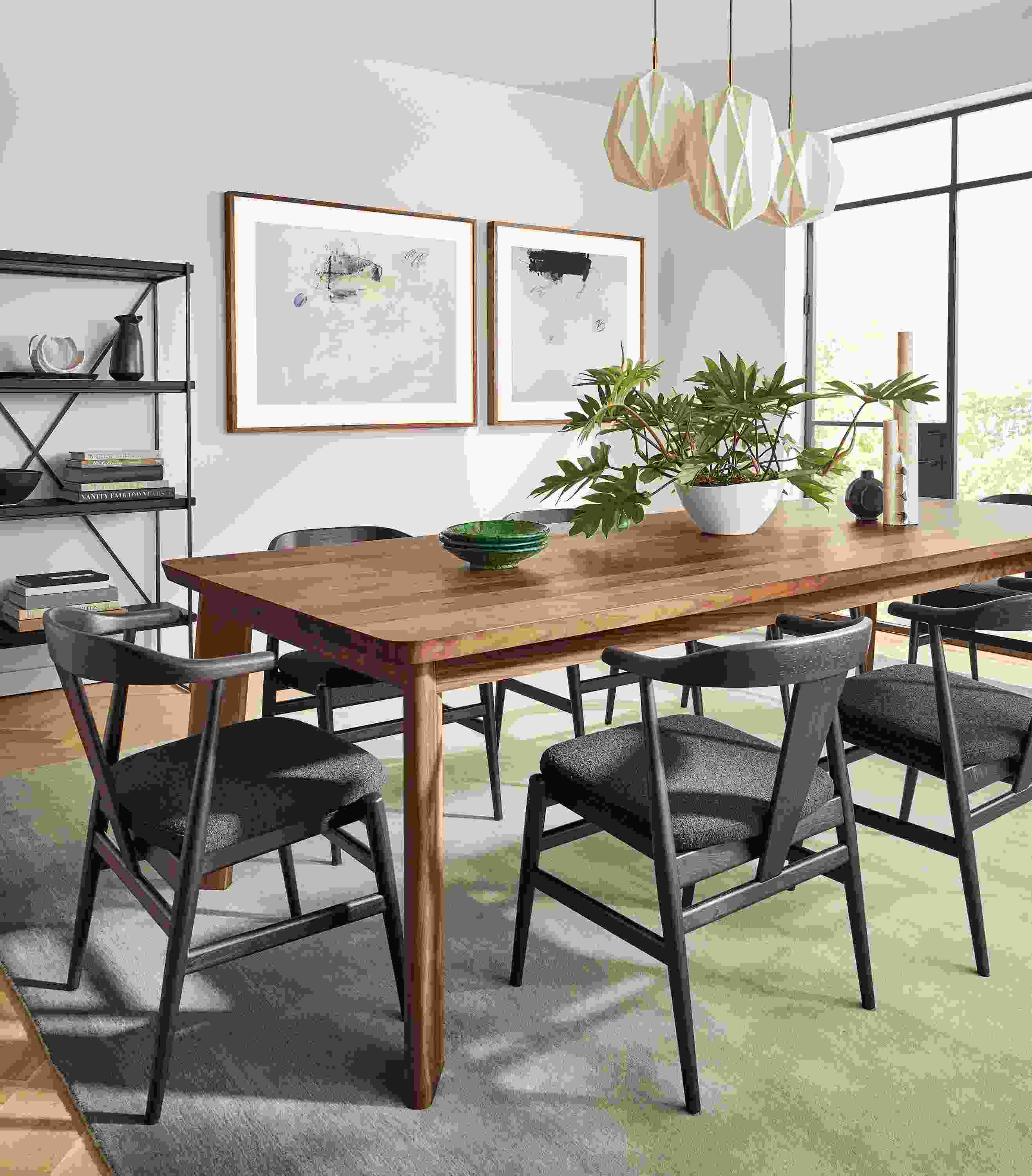 Large dining room with Colby table and Evan chairs in Charcoal with cushion.