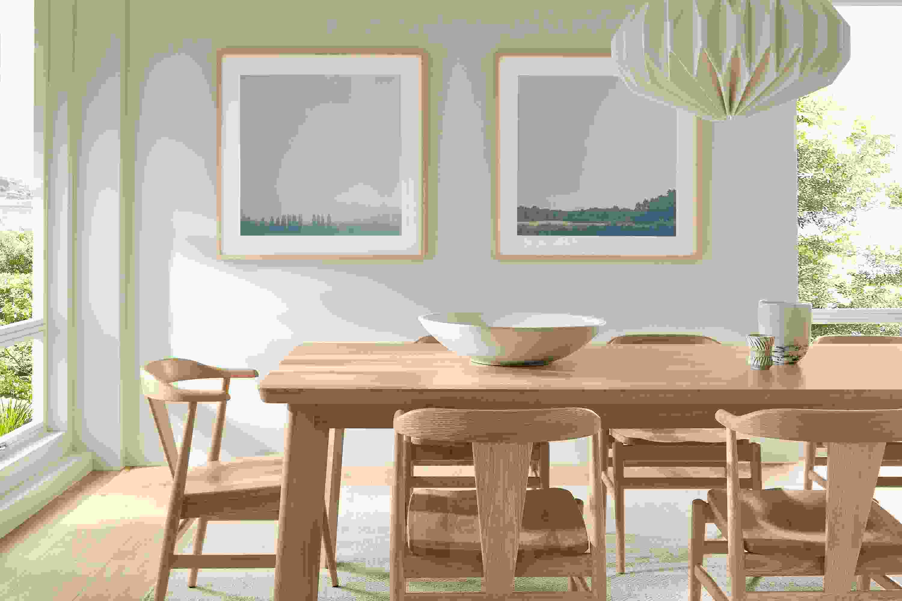 Dining room with 110-wide colby table and 6 evan arm chairs with wood seat in rye on red oak.