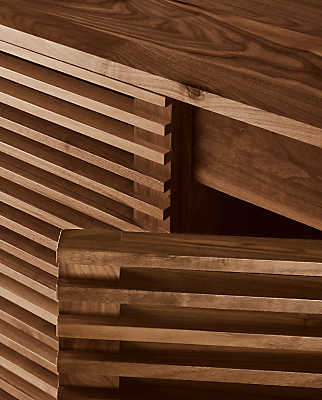 close-up of coles bar cabinet doors in walnut.