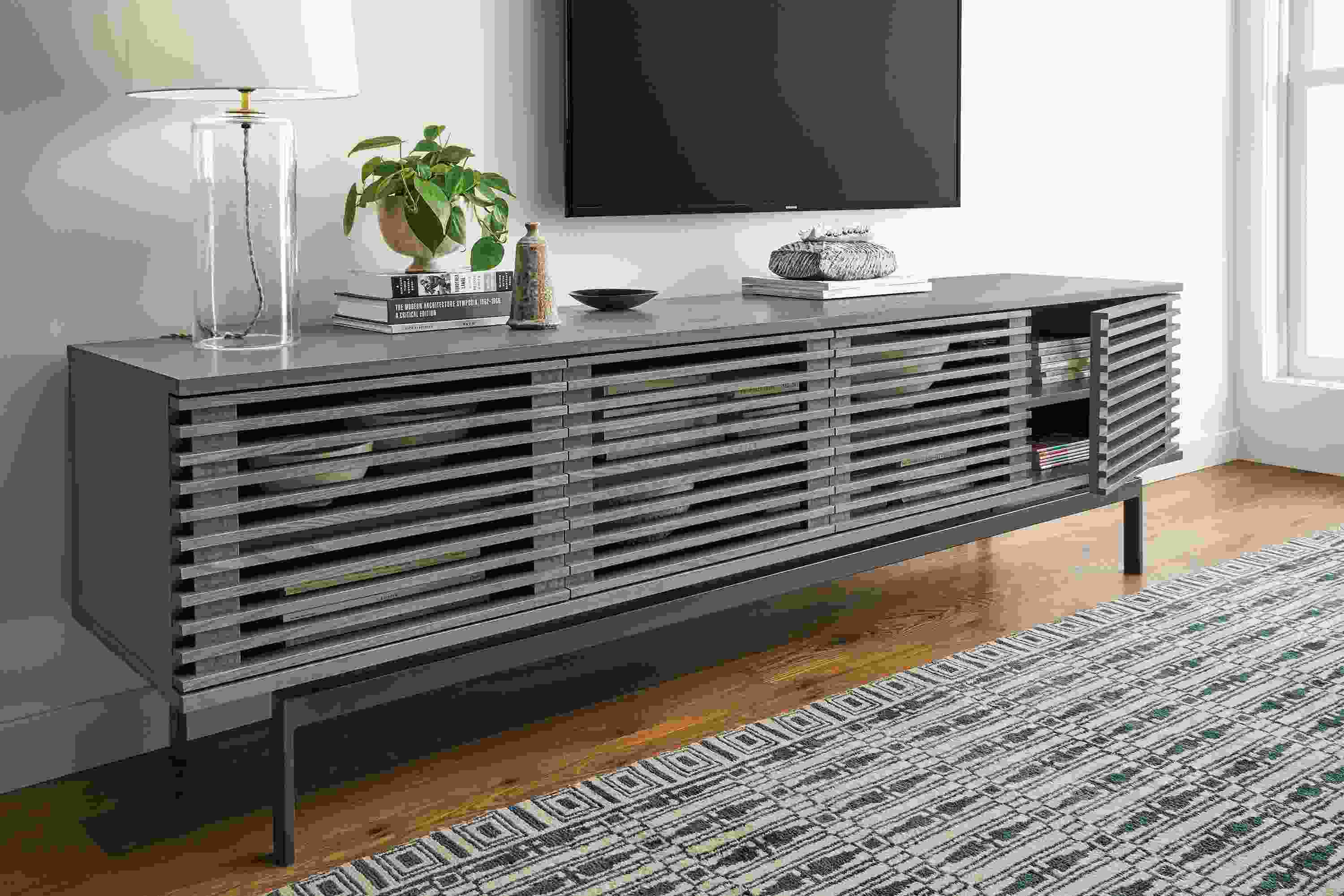 Detail of Coles media cabinet in shell.
