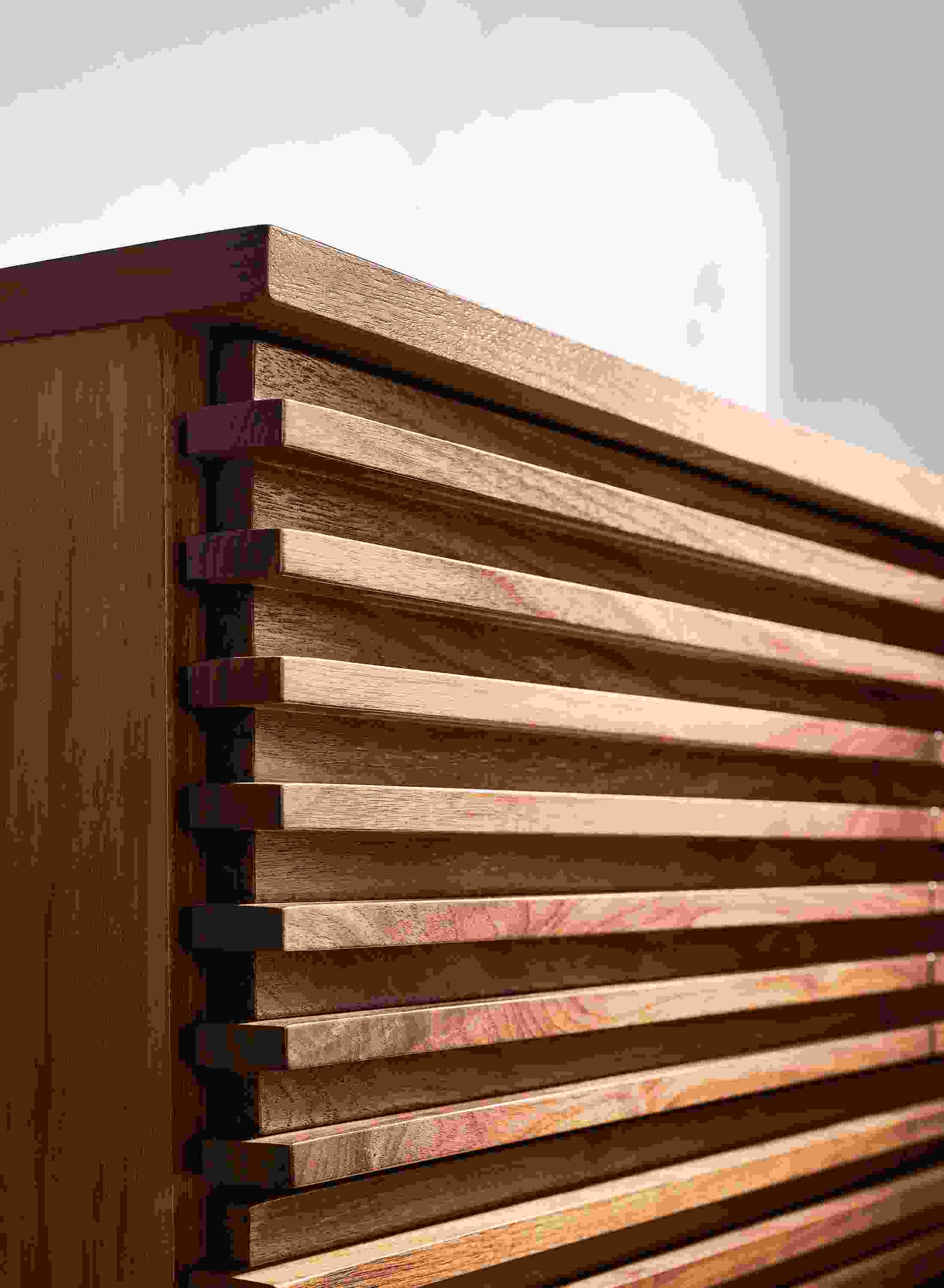 Close up of drawers on Coles 72-wide ten-drawer dresser in walnut.
