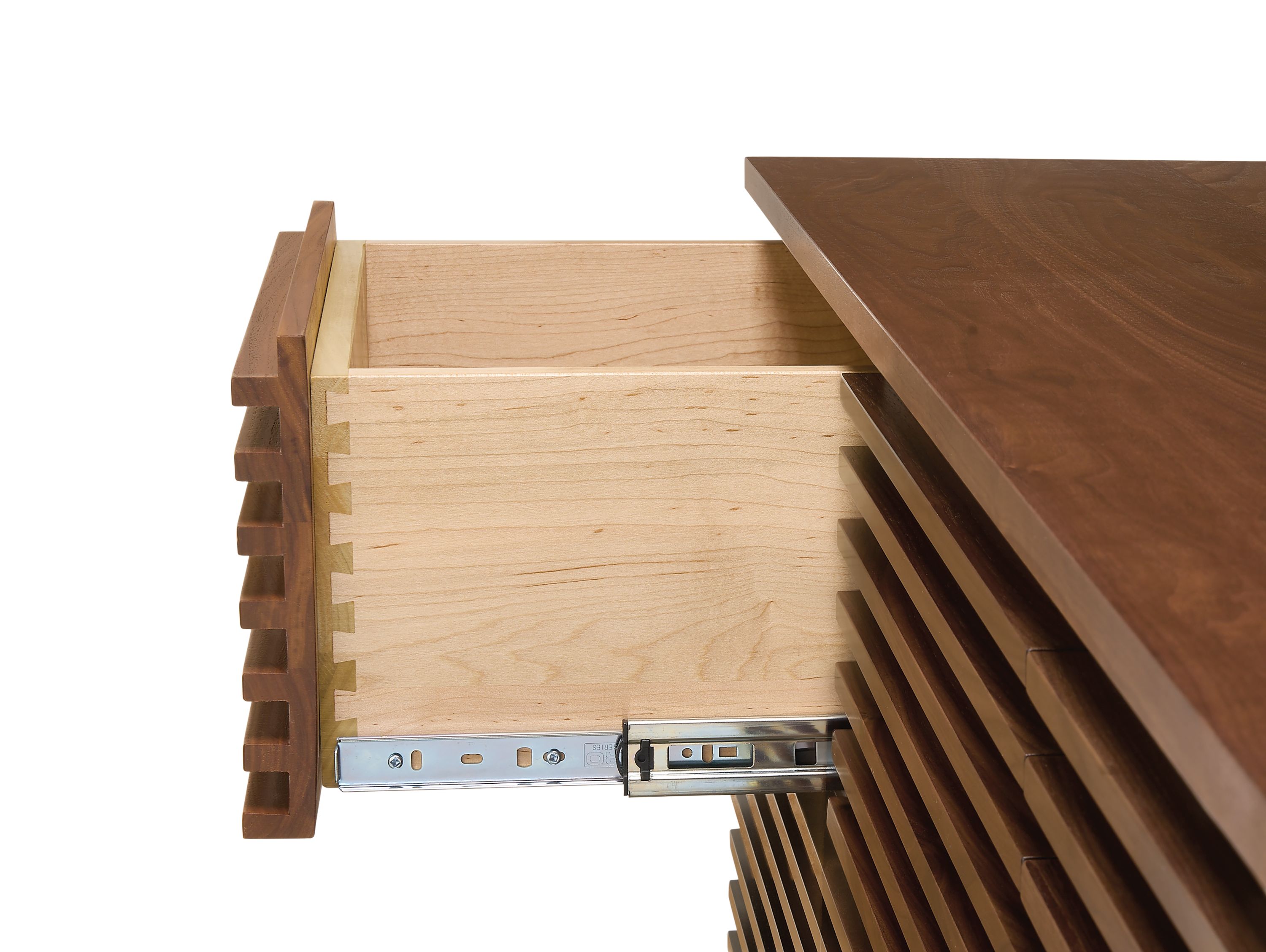 Close-up of of drawer slider on Coles 72-wide ten-drawer dresser in walnut.