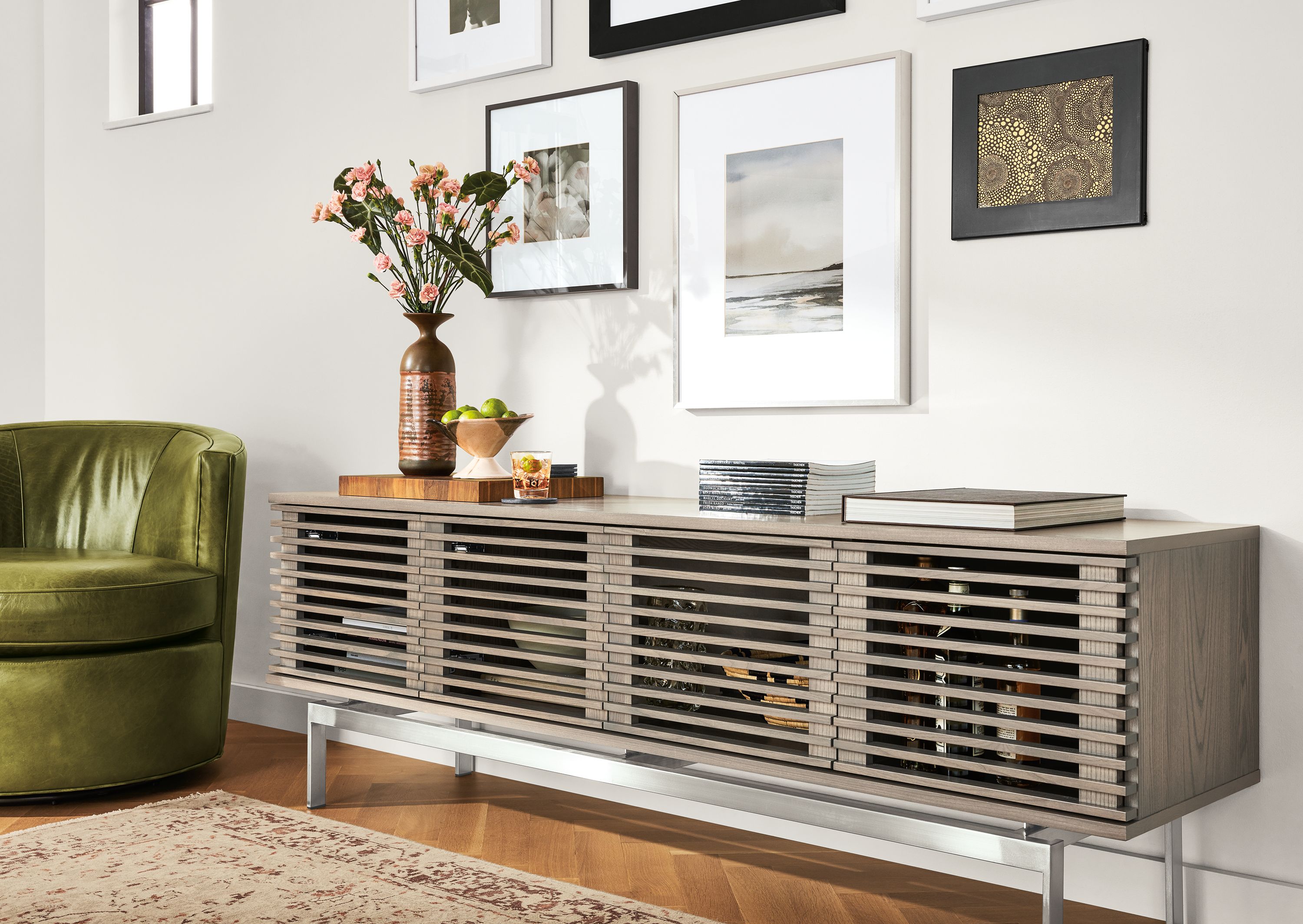 Detail of Coles media cabinet in ash with shell stain in living room.