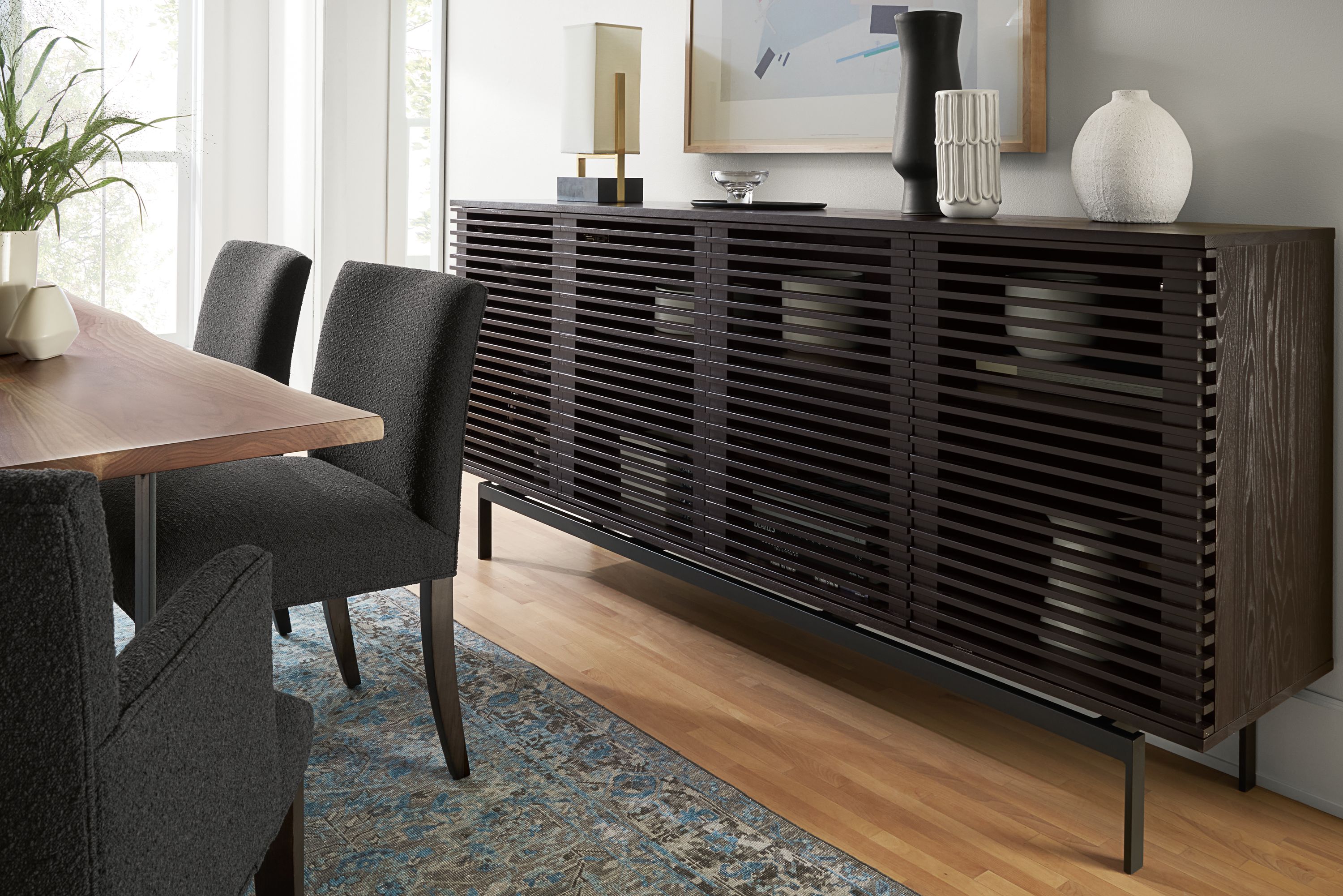 84w 38h cabinet in charcoal stain/natural steel