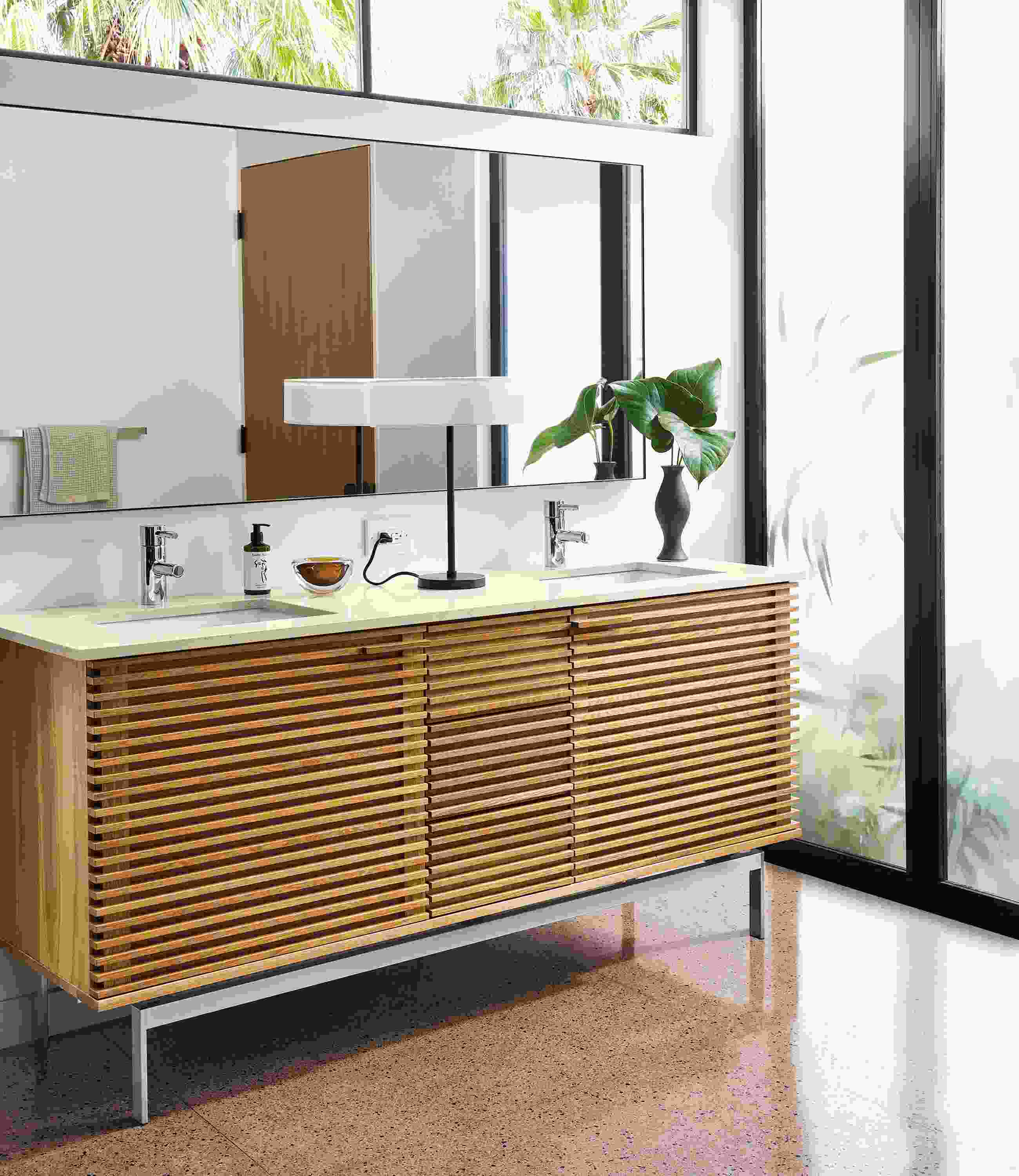 Bathroom with 72-wide Coles vanity in white oak, Infinity wall mirror, Cohen table lamp.