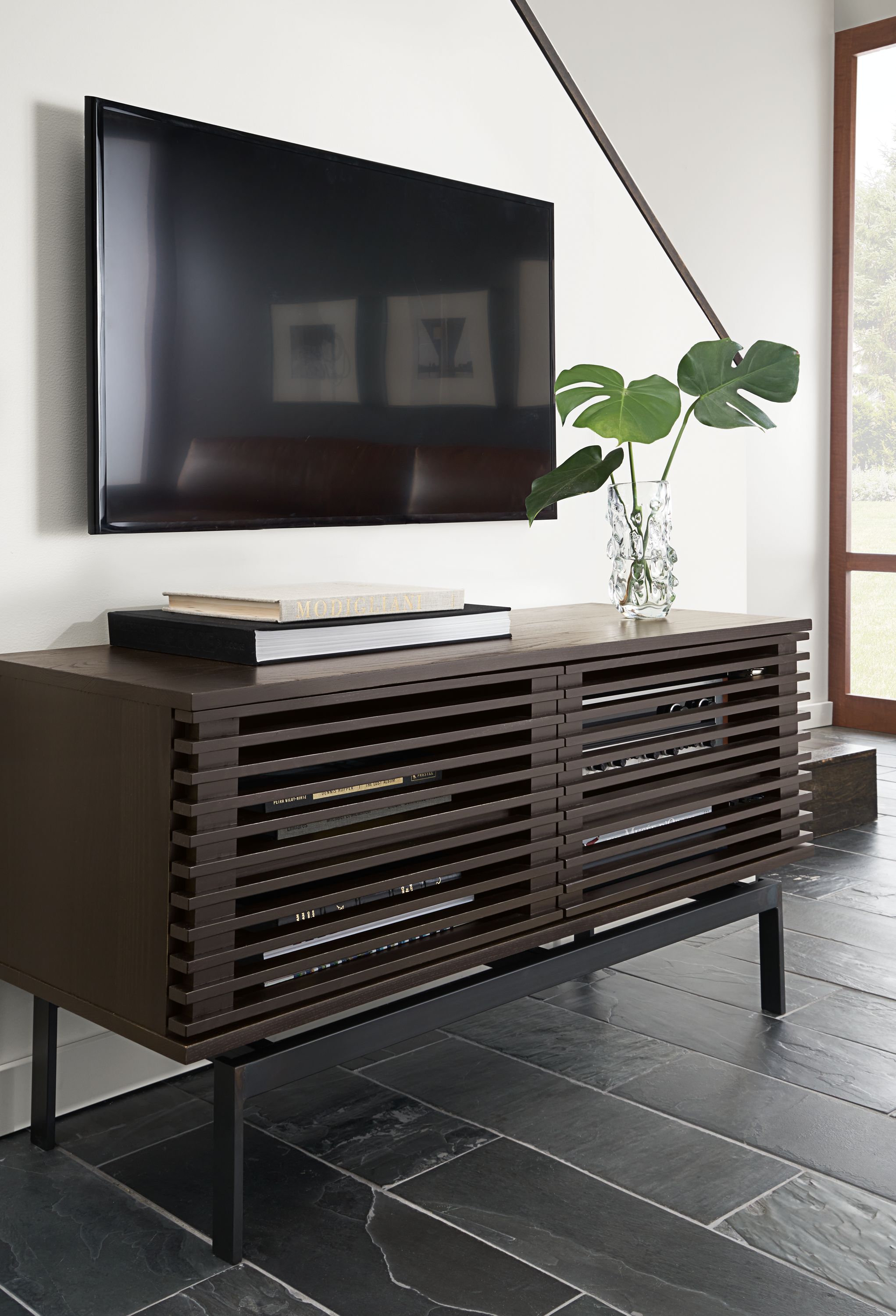 48w cabinet in charcoal stain with natural steel base