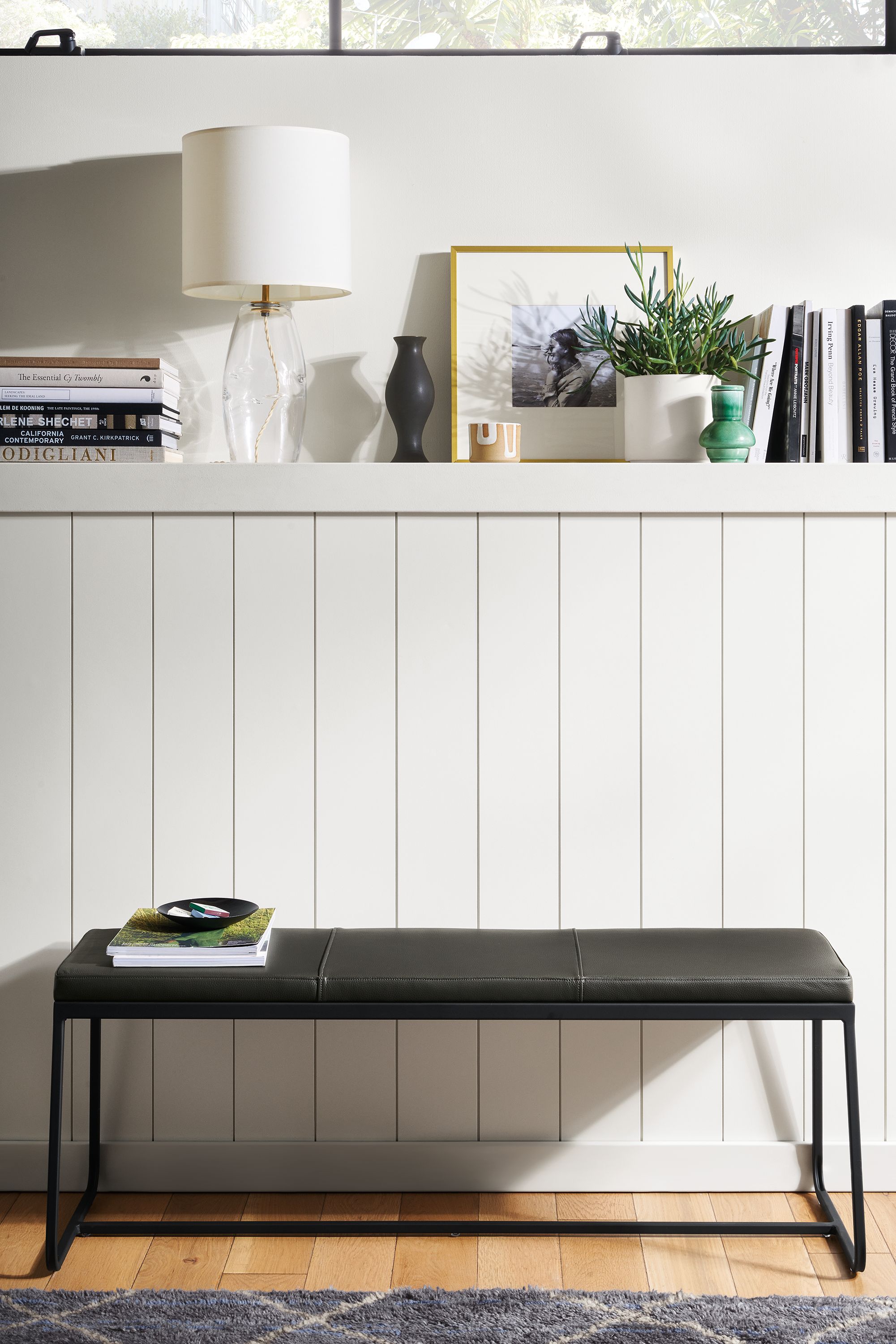 48"w bench in Pesaro smoke leather with graphite base