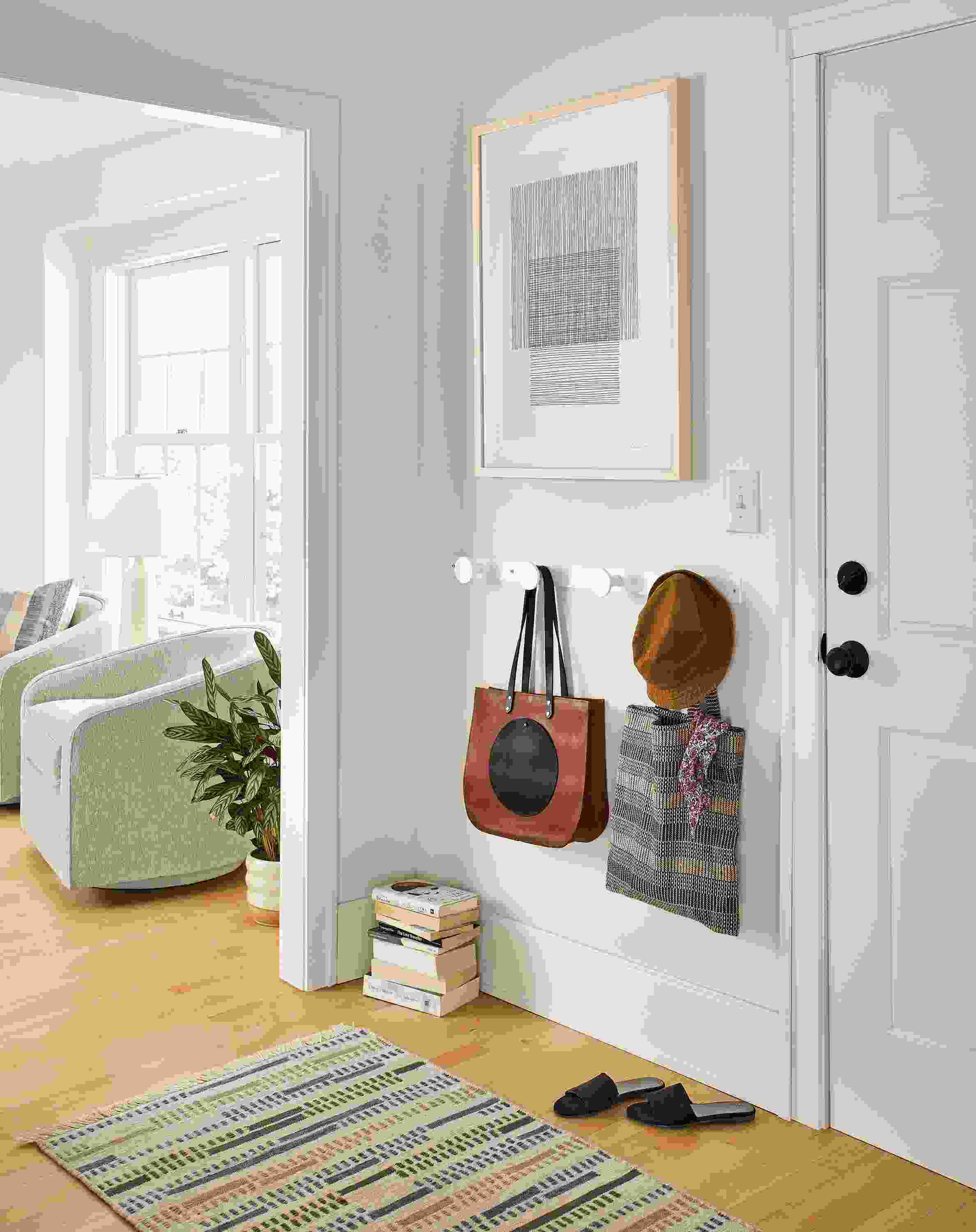 Entryway with compass wall hooks, antonio mascio wall art, morse rug.
