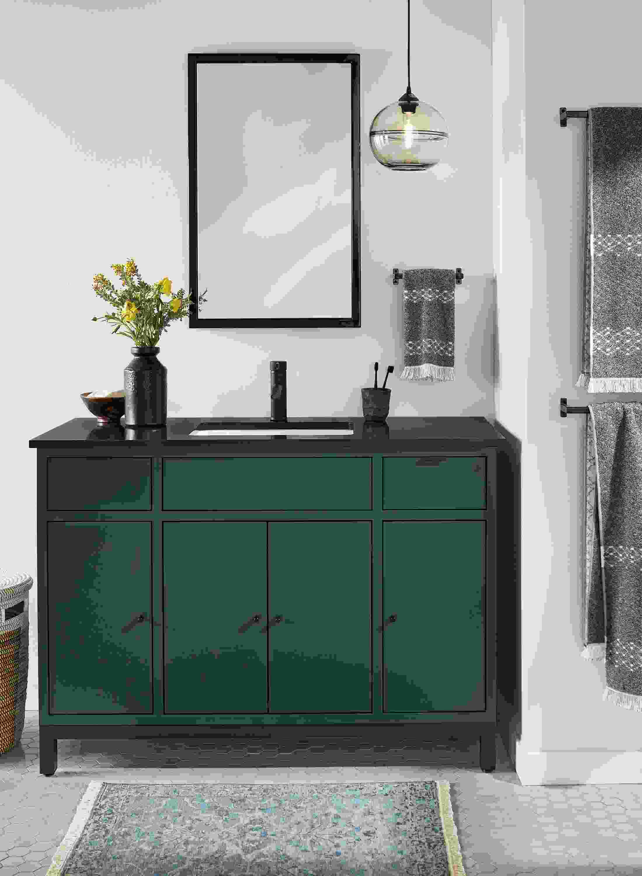 Bathroom with copenhagen vanity in slate with black top