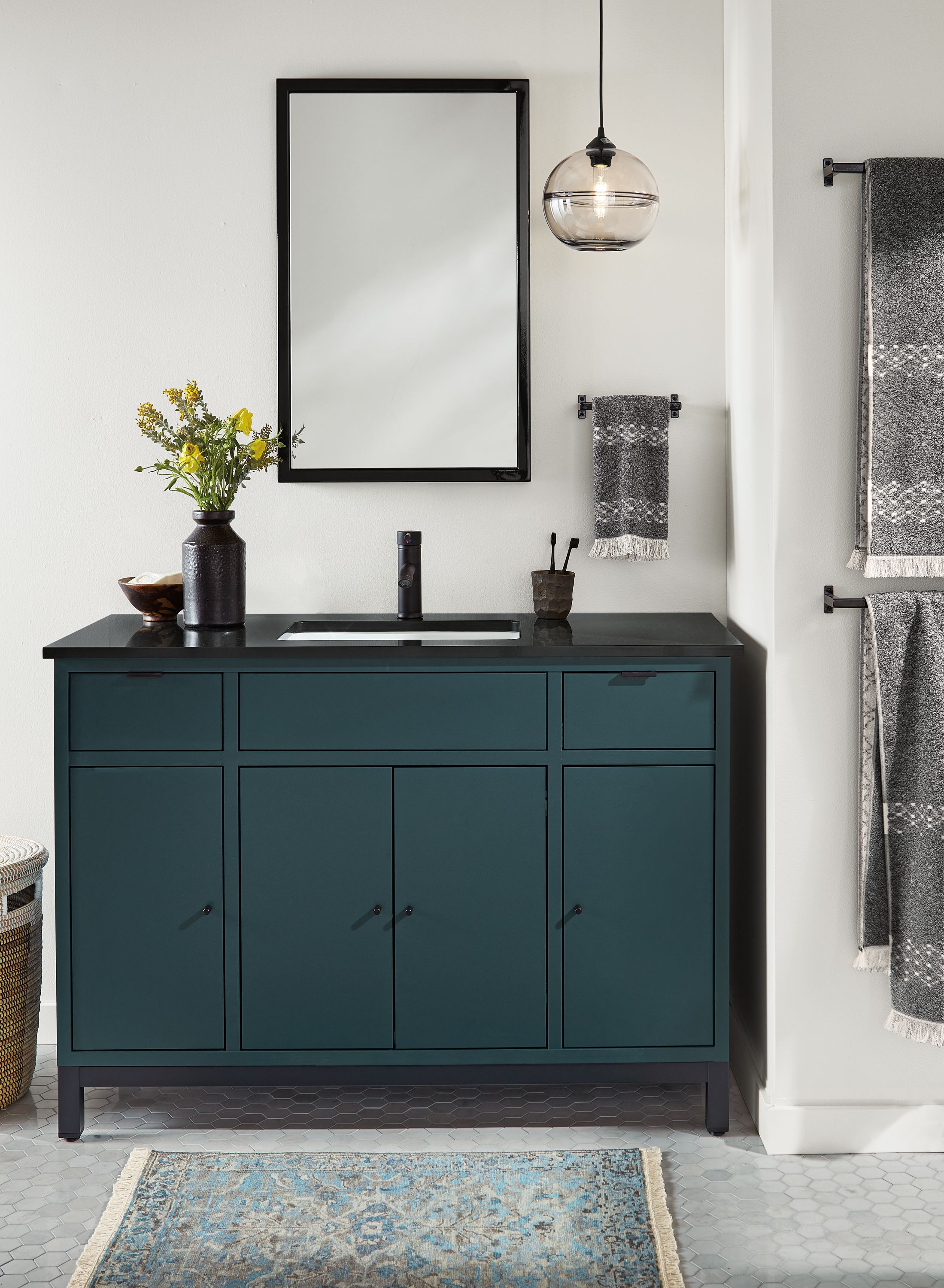 Bathroom with copenhagen vanity in slate with black top