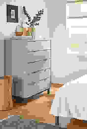 Detail of Copenhagen 5-drawer dresser in Taupe in bedroom.
