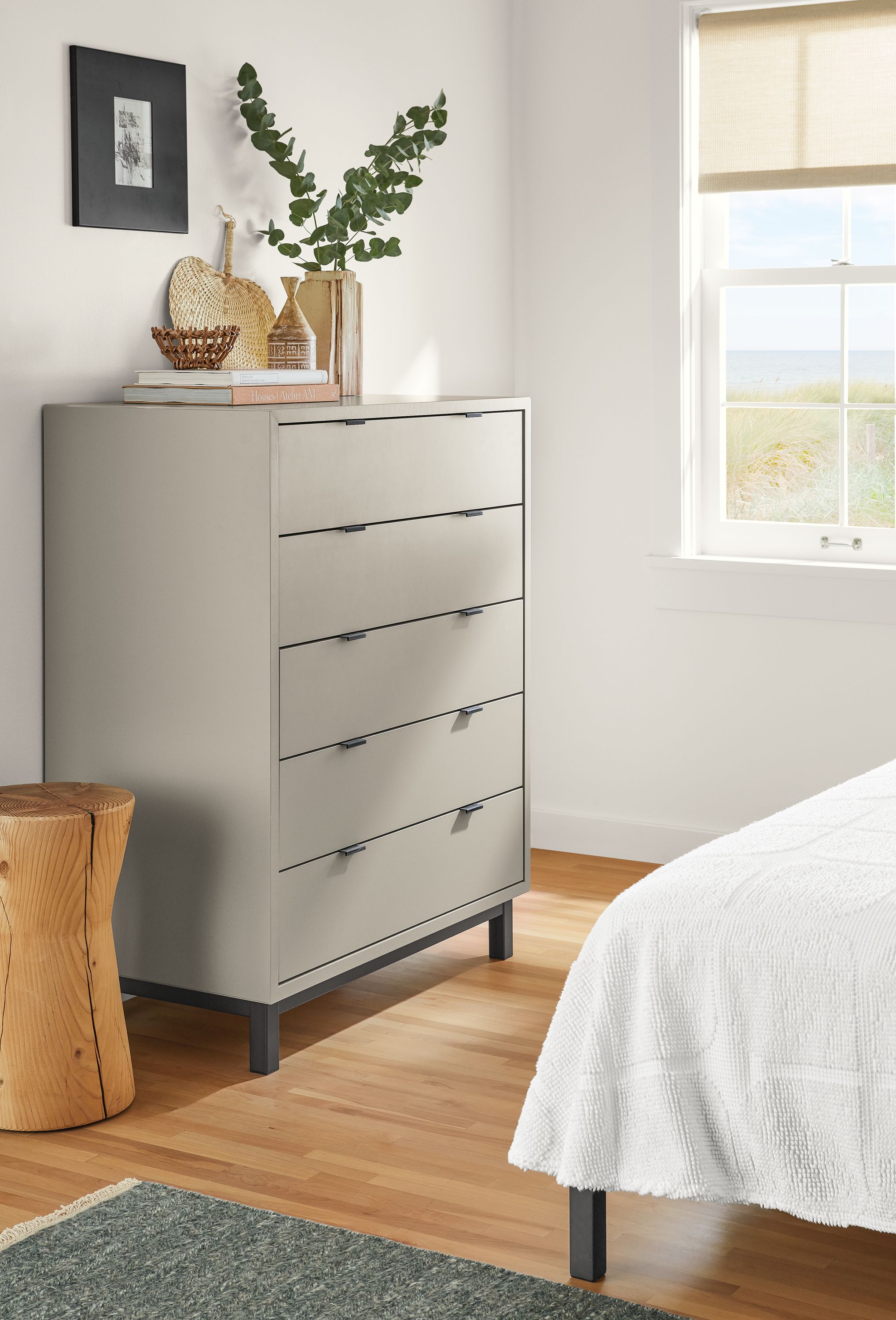 Detail of Copenhagen 5-drawer dresser in Taupe in bedroom.