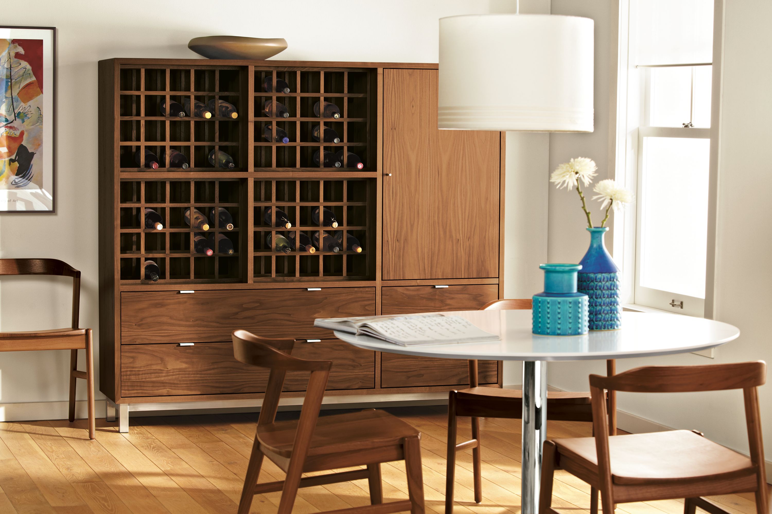70w 63h 16d cabinet in walnut with stainless steel base