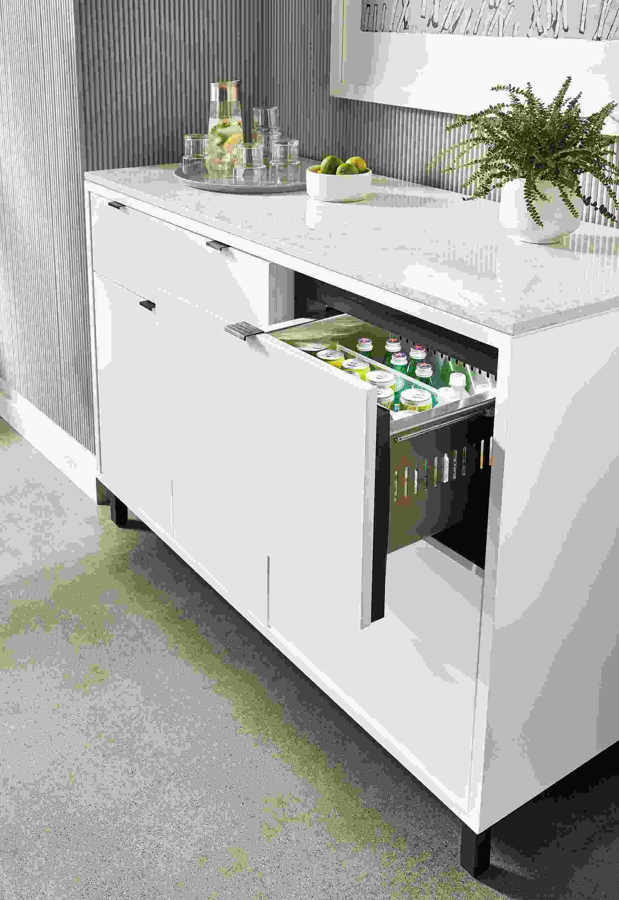 copenhagen fridge cabinet with drawer open showing drinks within.