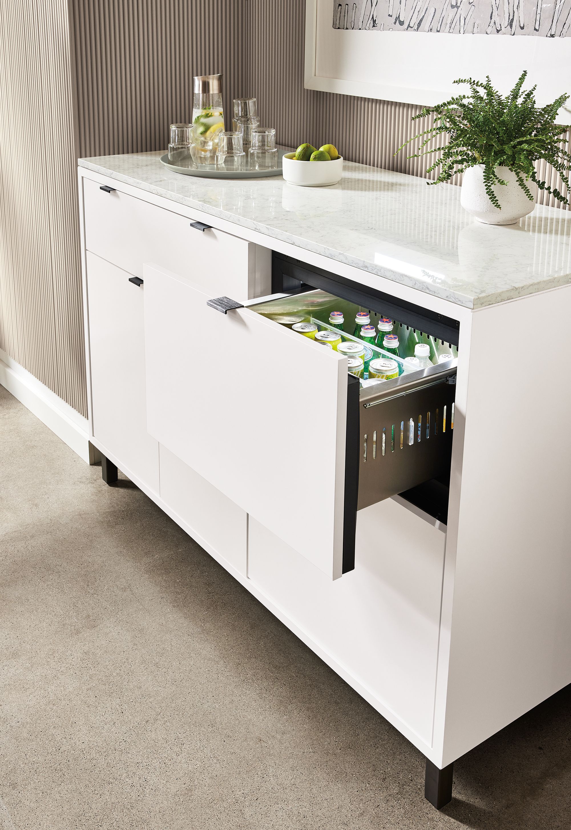 copenhagen fridge cabinet with drawer open showing drinks within.