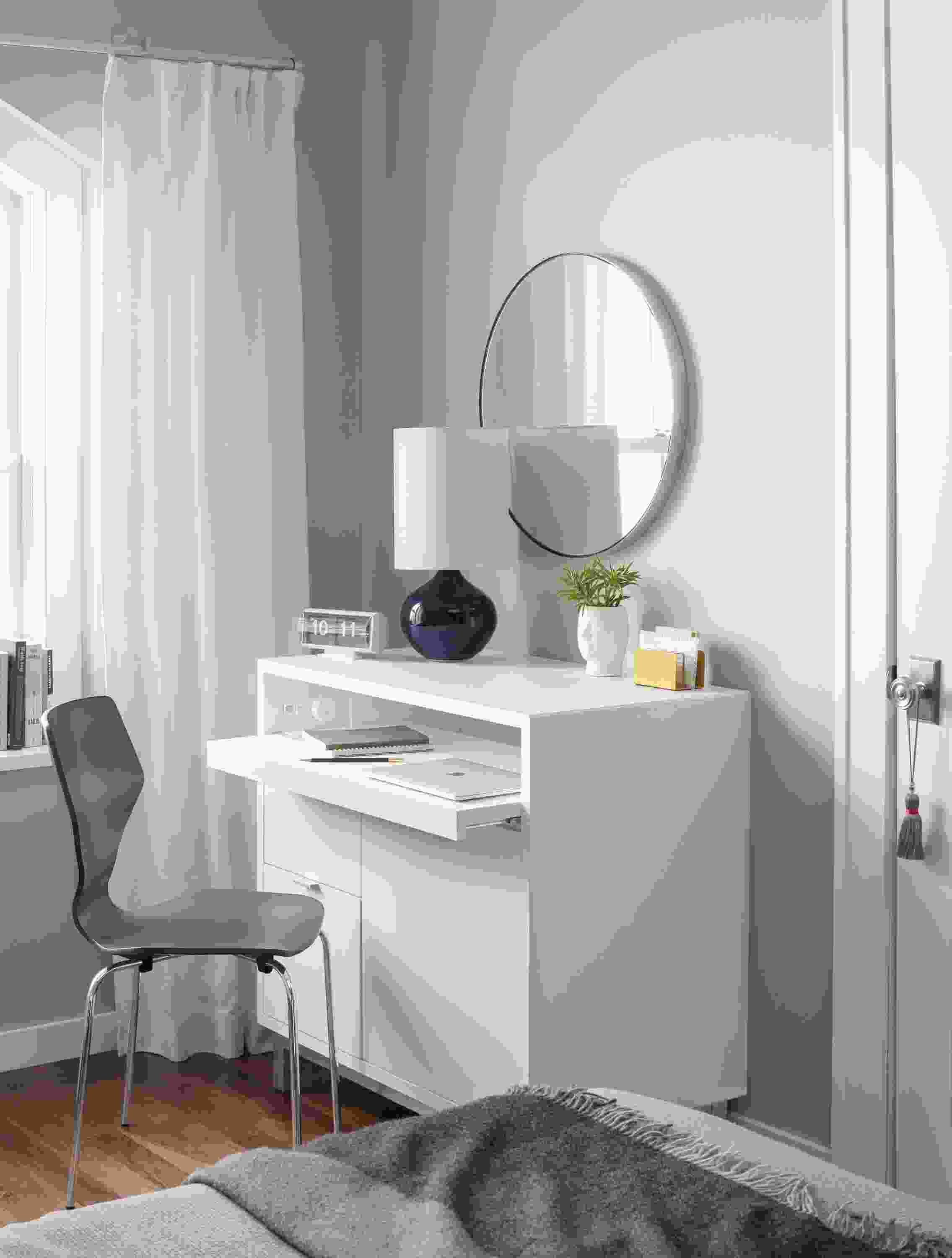 Side detail of white Copenhagen office cabinet.