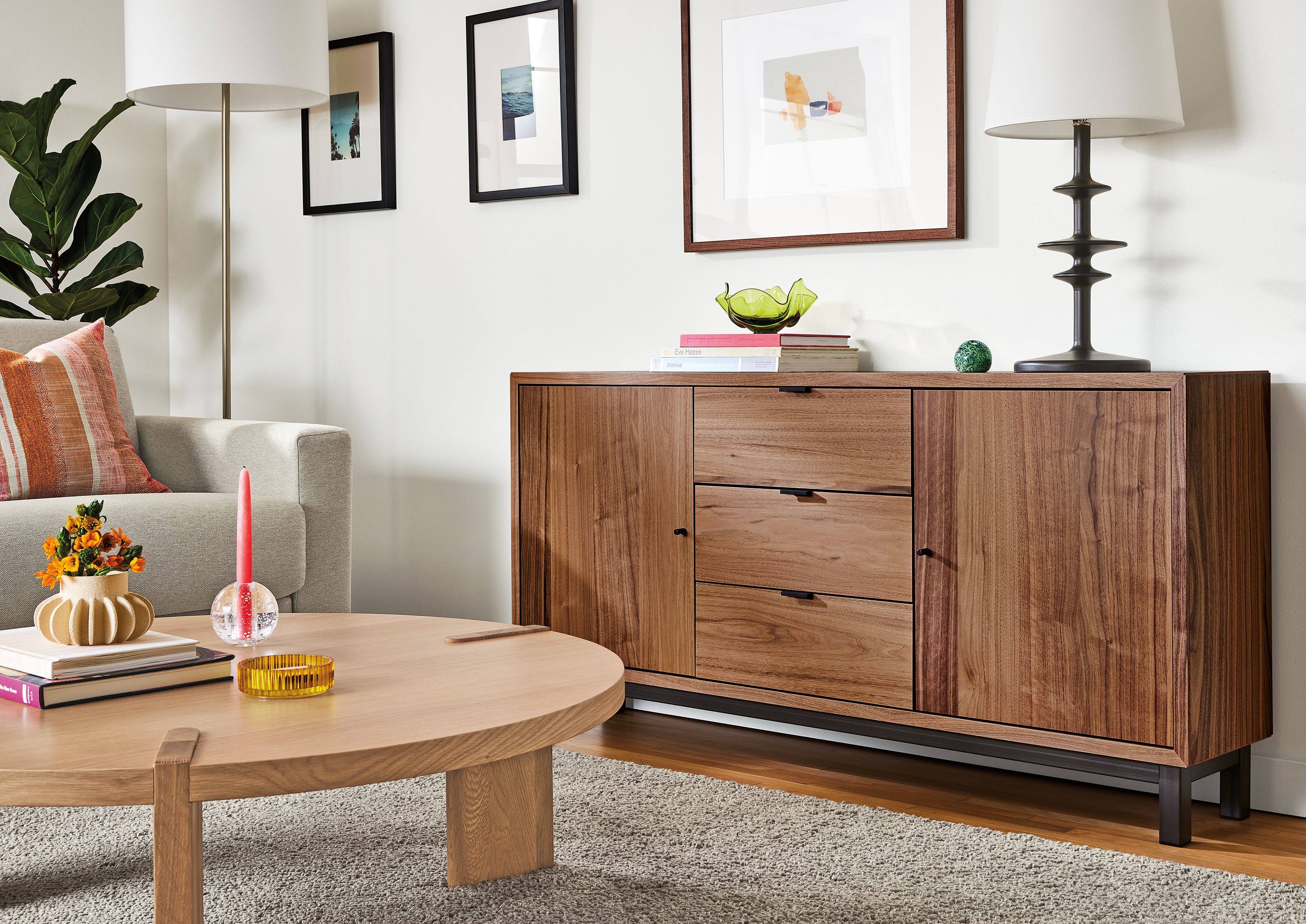 60w console cabinet in walnut with natural steel base