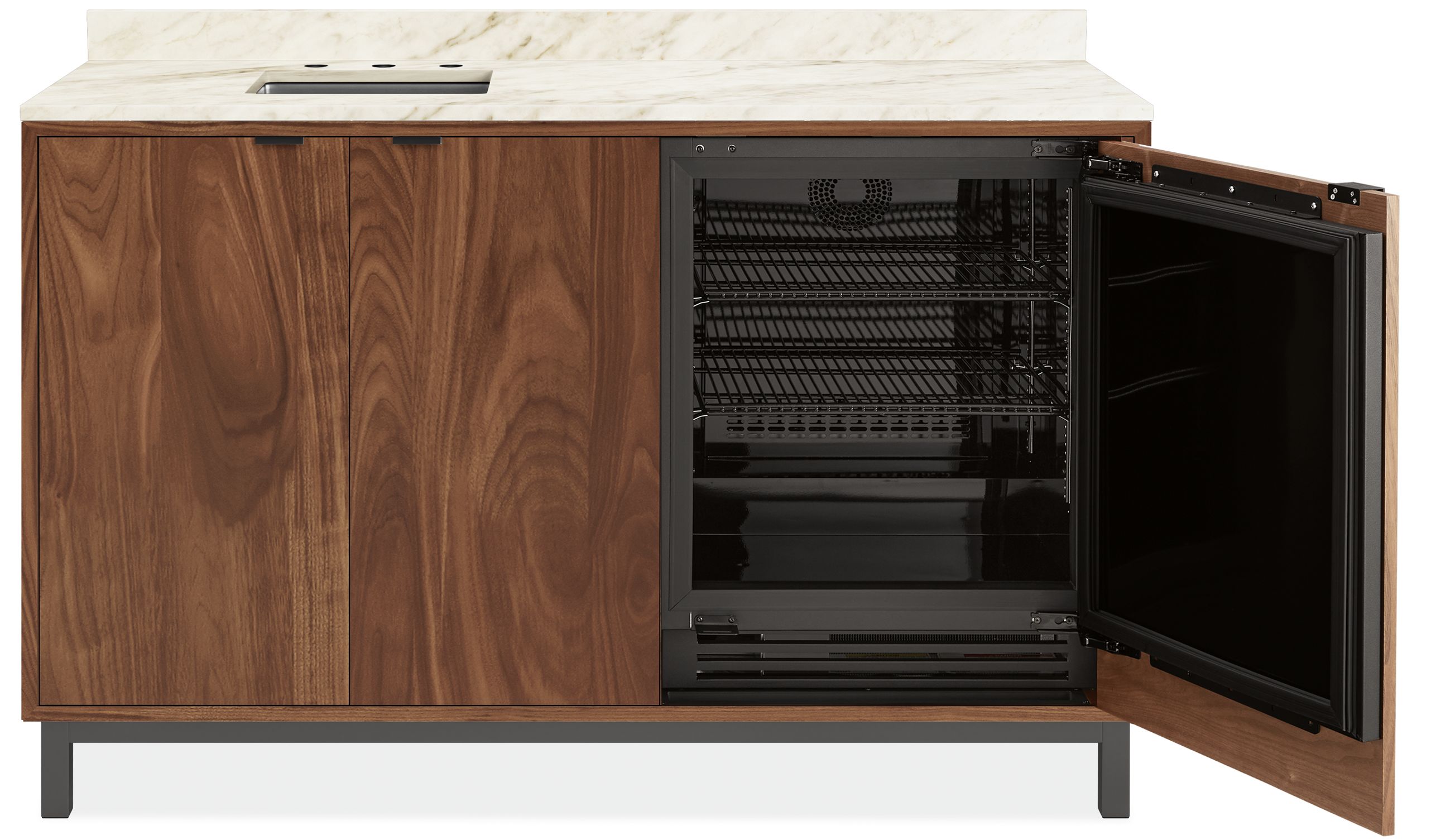front view of Copenhagen 72-wide Fridge Cabinet in walnut with steel base.
