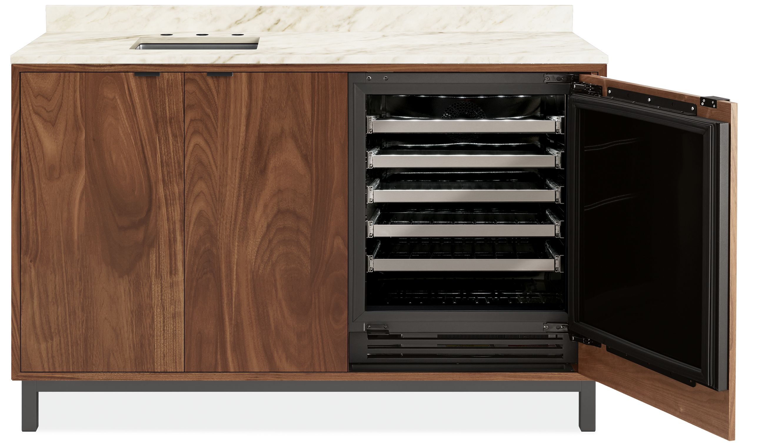front view of Copenhagen 72-wide Fridge Cabinet in walnut with steel base.