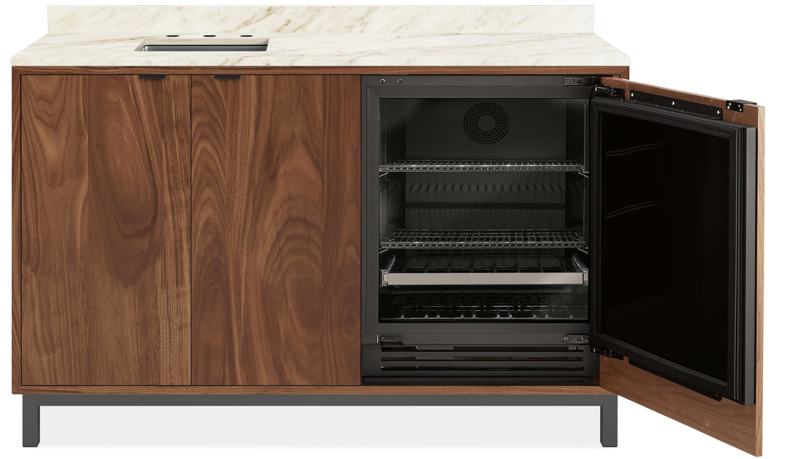 front view of Copenhagen 72-wide Fridge Cabinet in walnut with steel base.