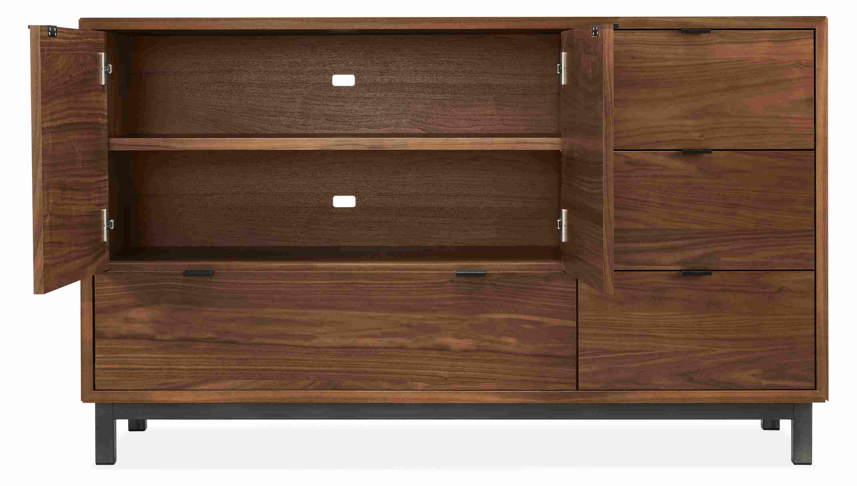 Detail of Copenhagen 60-wide dining cabinet in walnut with open doors showing cord management.