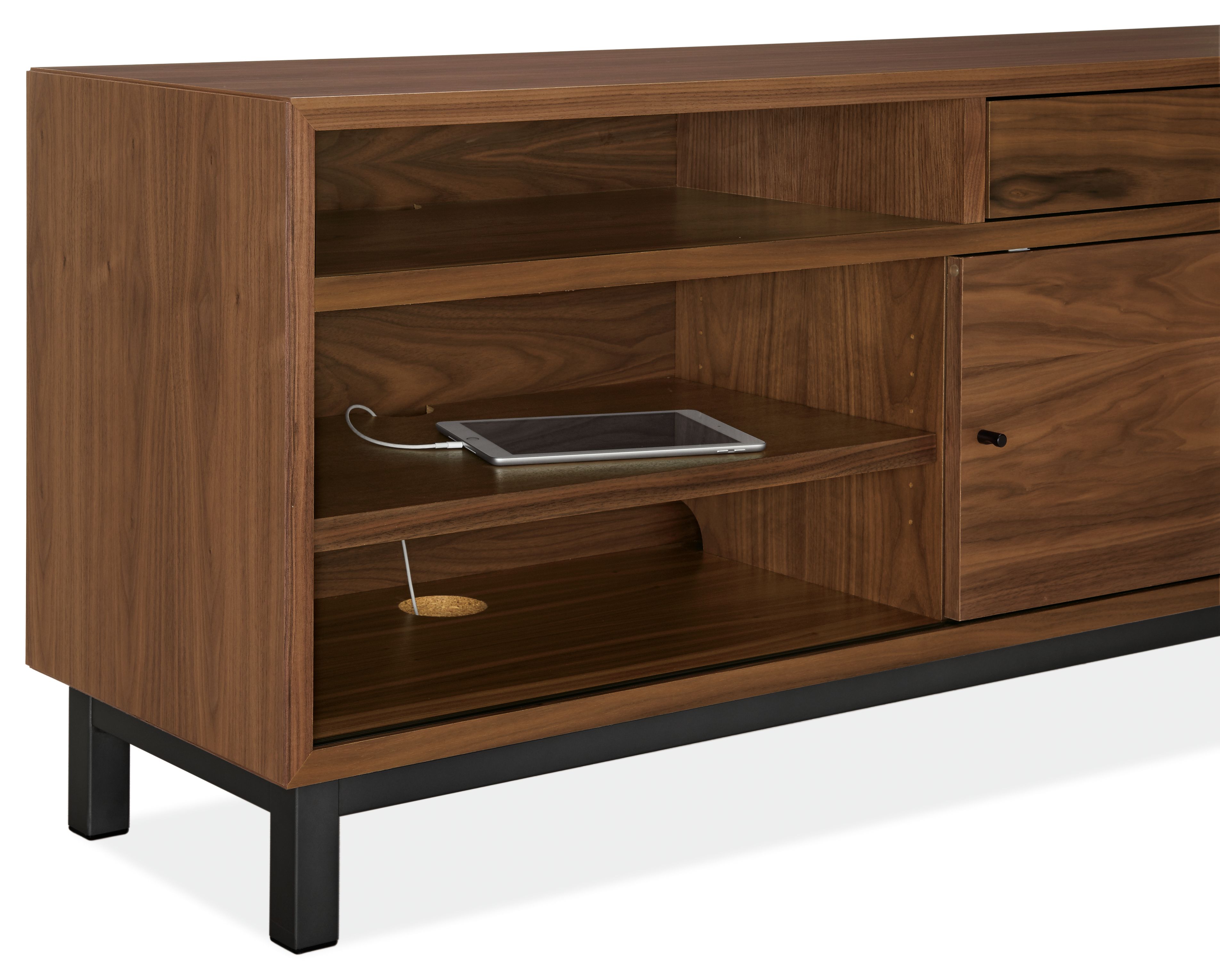 Detail of Copenhagen 80-wide Right-File Drawer Bench in Walnut.