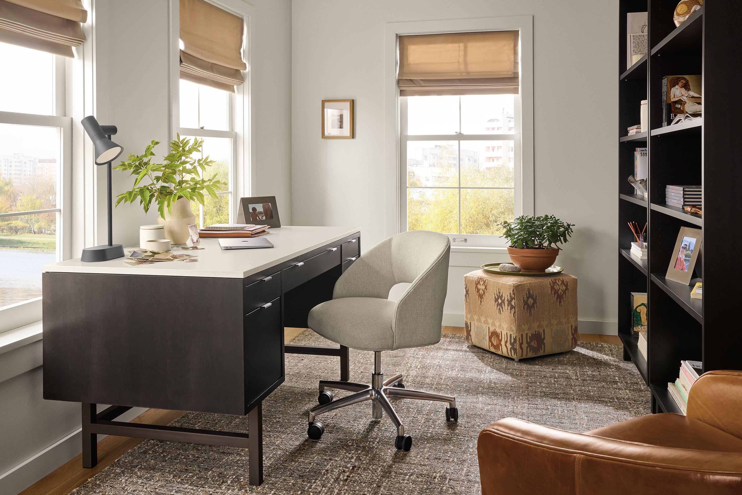 60w desk in charcoal stain with marbled white quartz top and natural steel base