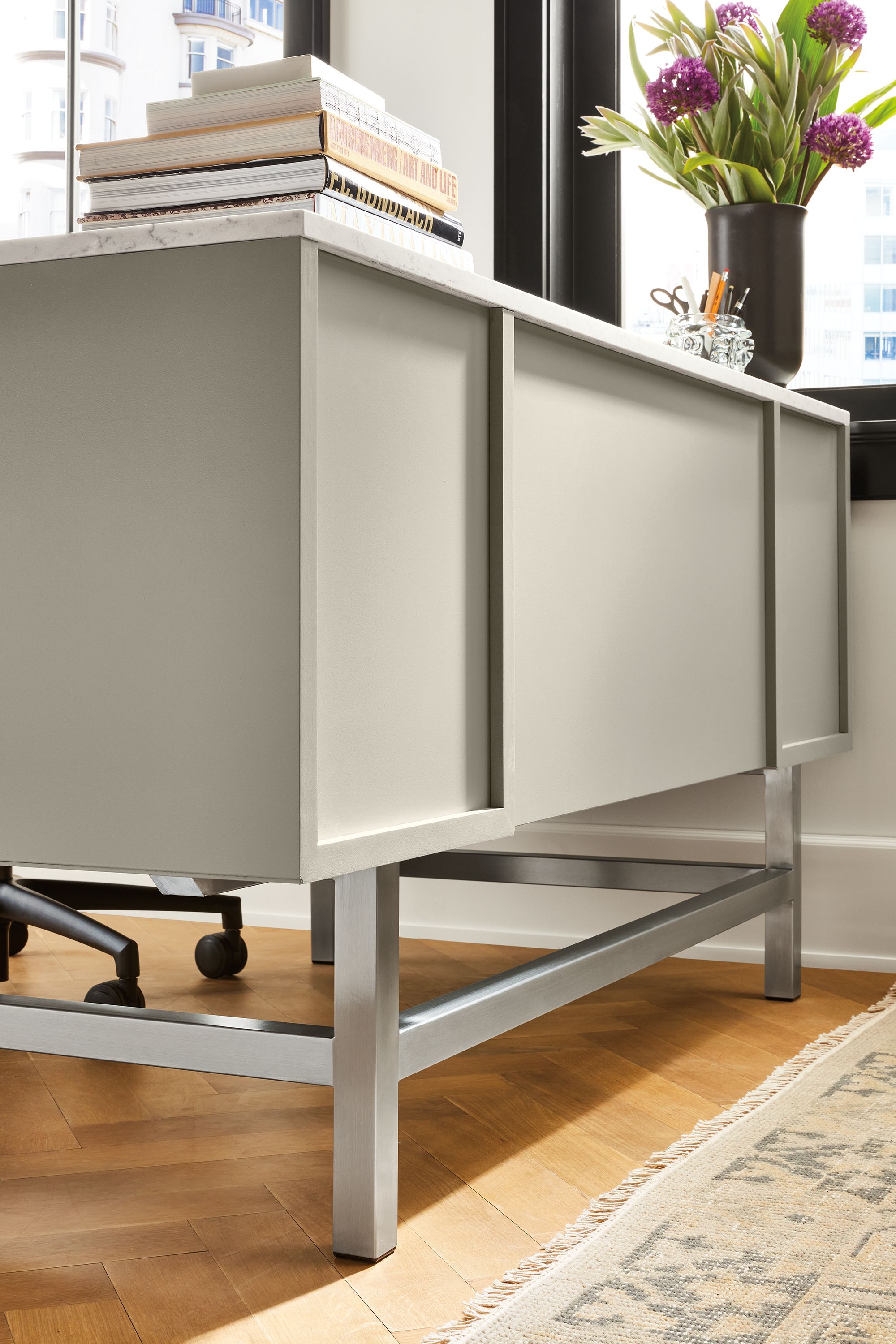 60w desk in taupe with marbled white quartz top and stainless steel base