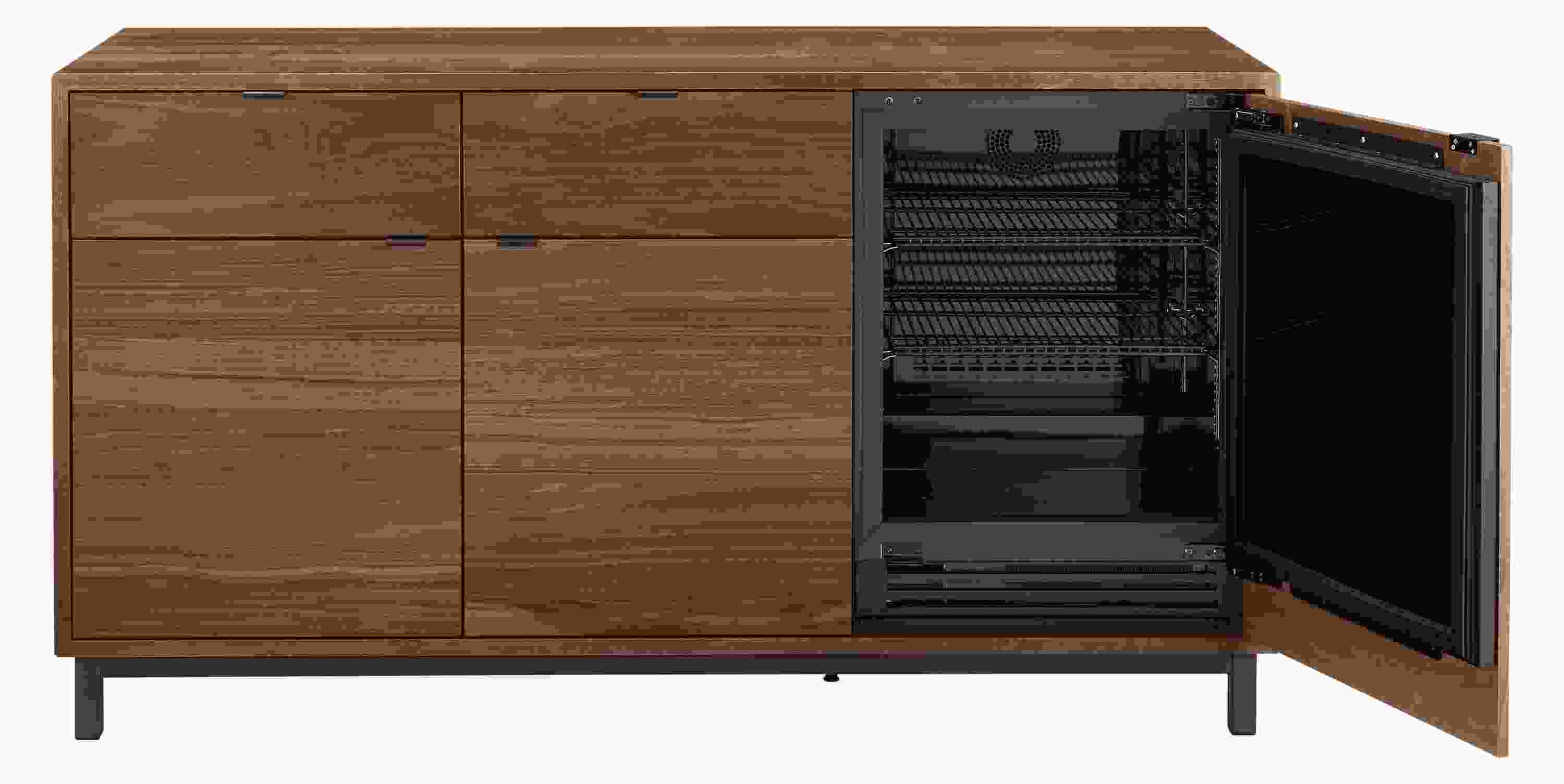 front view of Copenhagen 72-wide Fridge Cabinet in walnut with steel base.