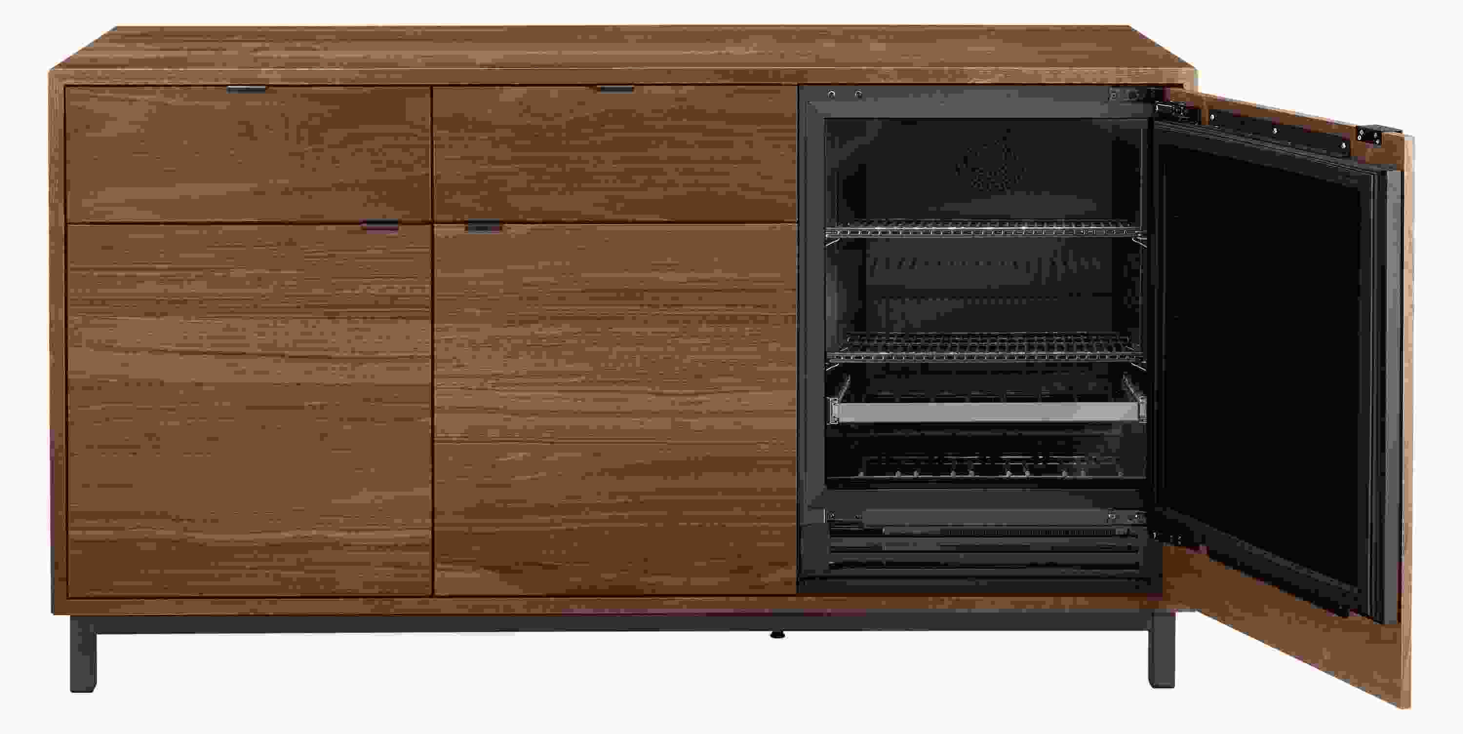 front view of Copenhagen 72-wide Fridge Cabinet in walnut with steel base.