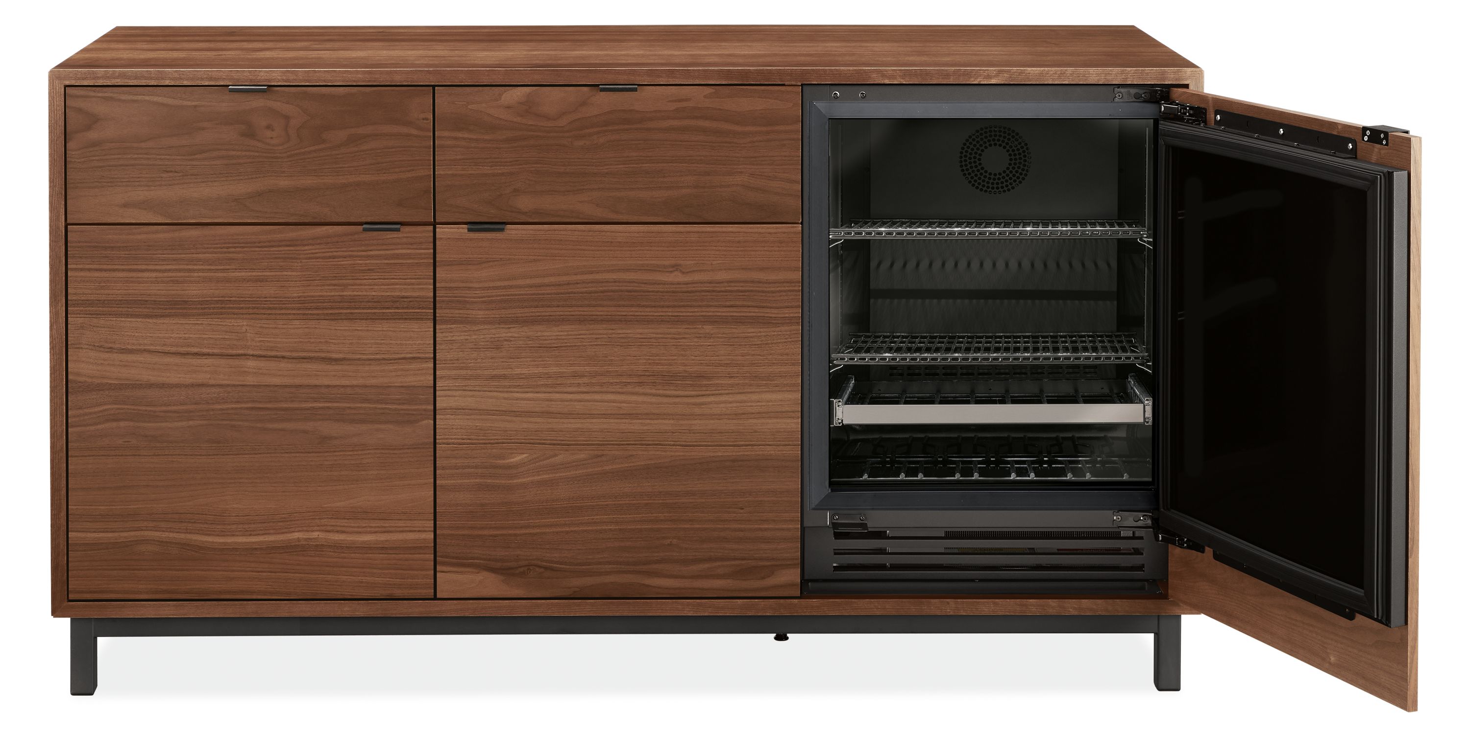 front view of Copenhagen 72-wide Fridge Cabinet in walnut with steel base.