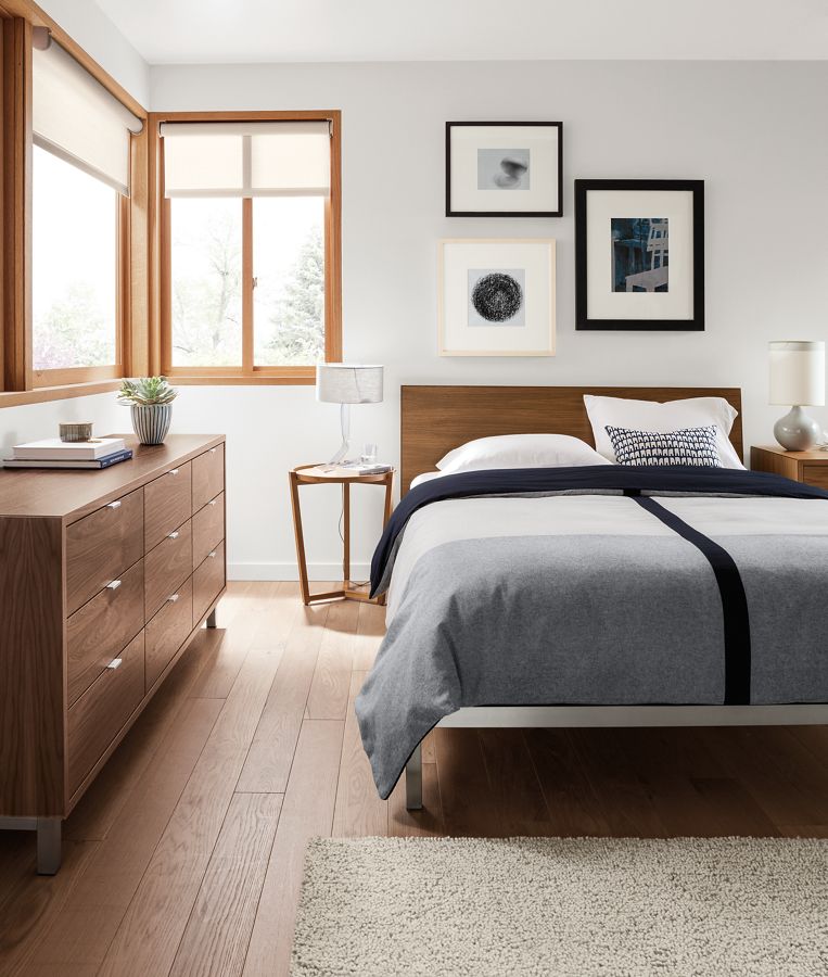 Copenhagen bed and dresser in modern bedroom.