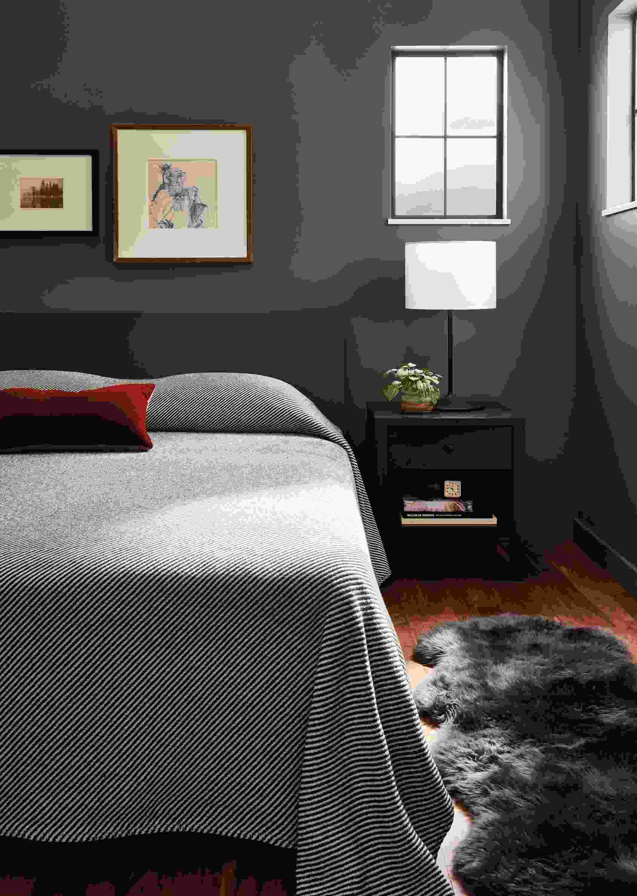 Bedroom with Copenhagen queen bed in slate.