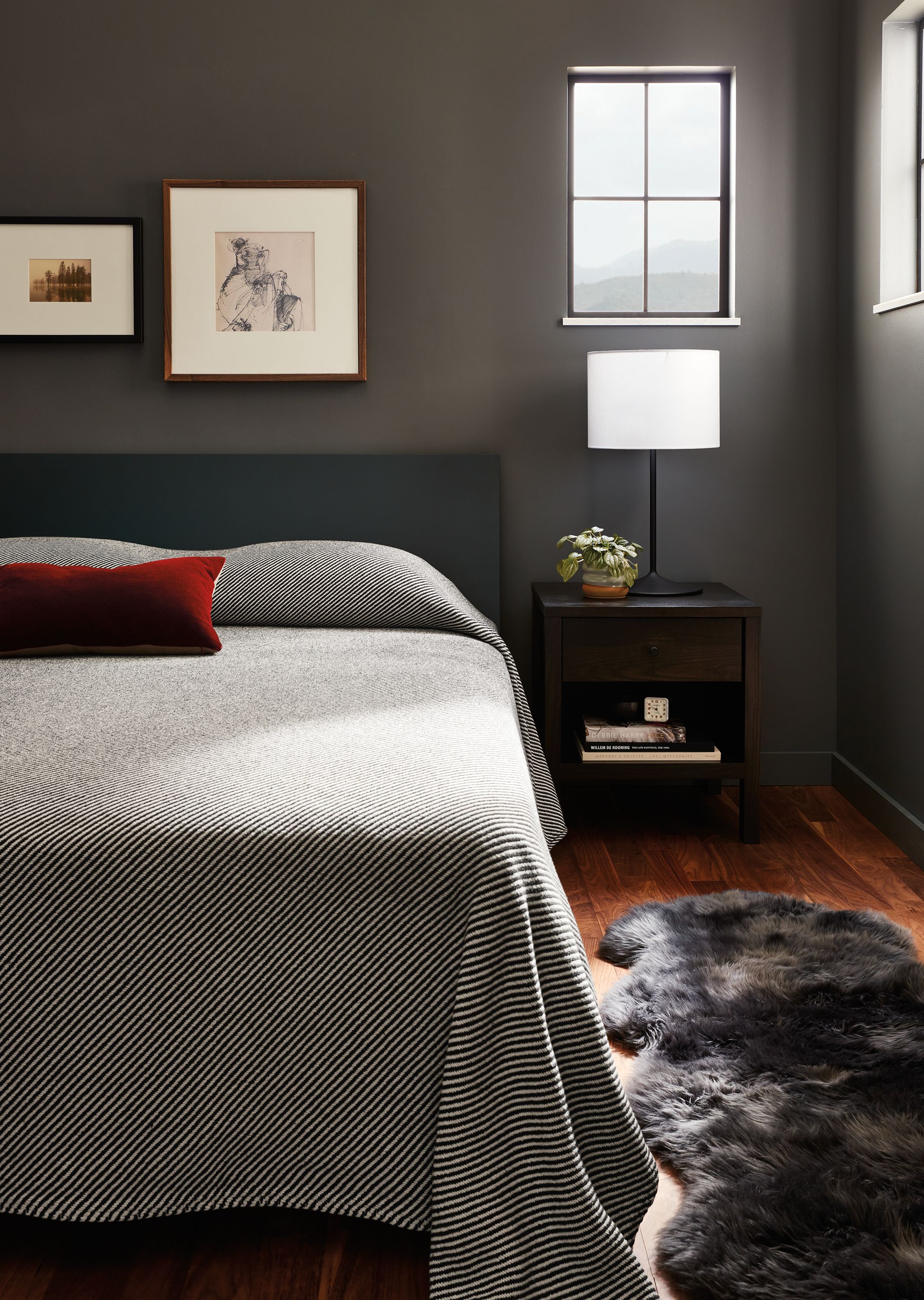 Bedroom with Copenhagen queen bed in slate.