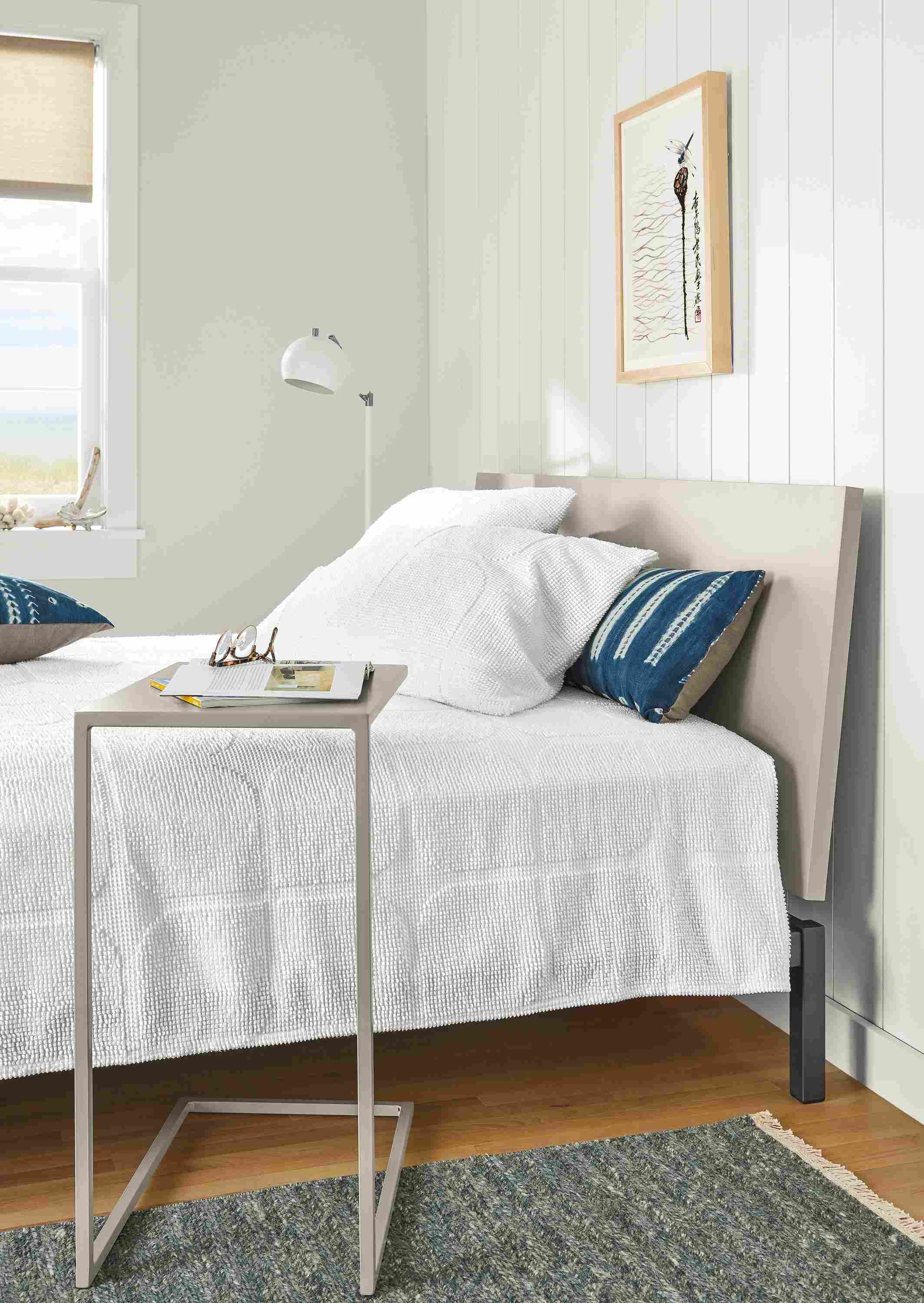Detail of Copenhagen queen bed in Taupe in bedroom.
