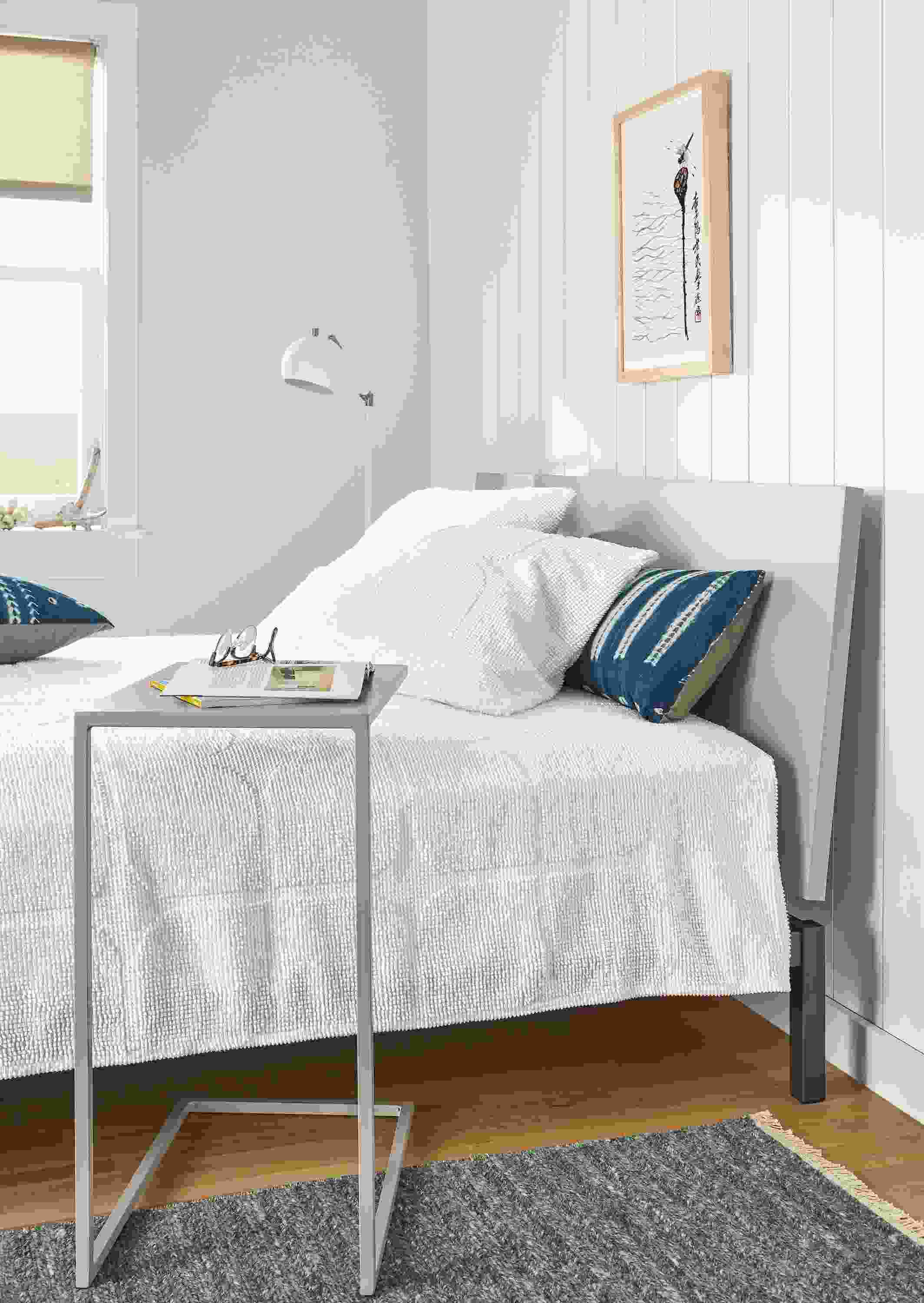 Detail of Copenhagen queen bed in Taupe in bedroom.