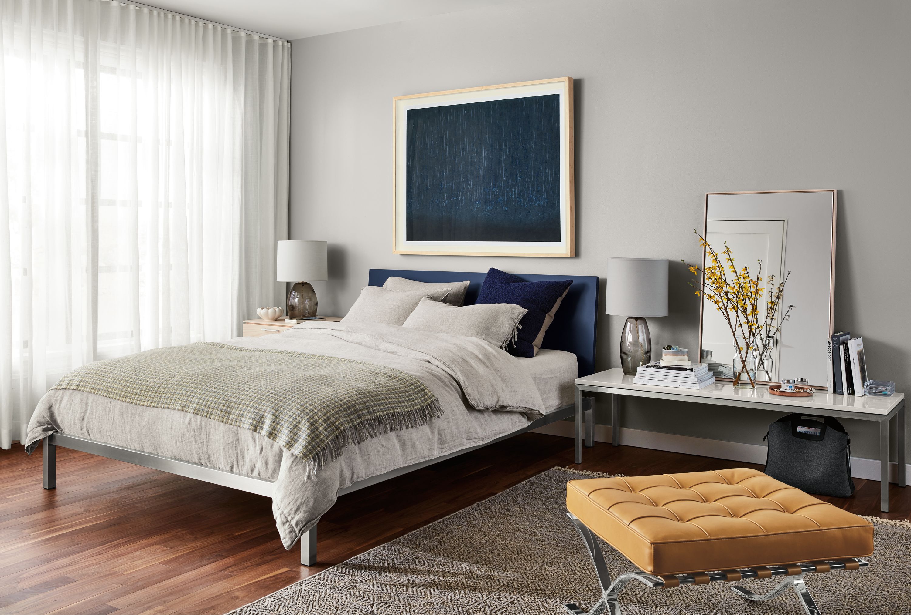 Copenhagen bed in navy with Kenwood nightstand in sand.