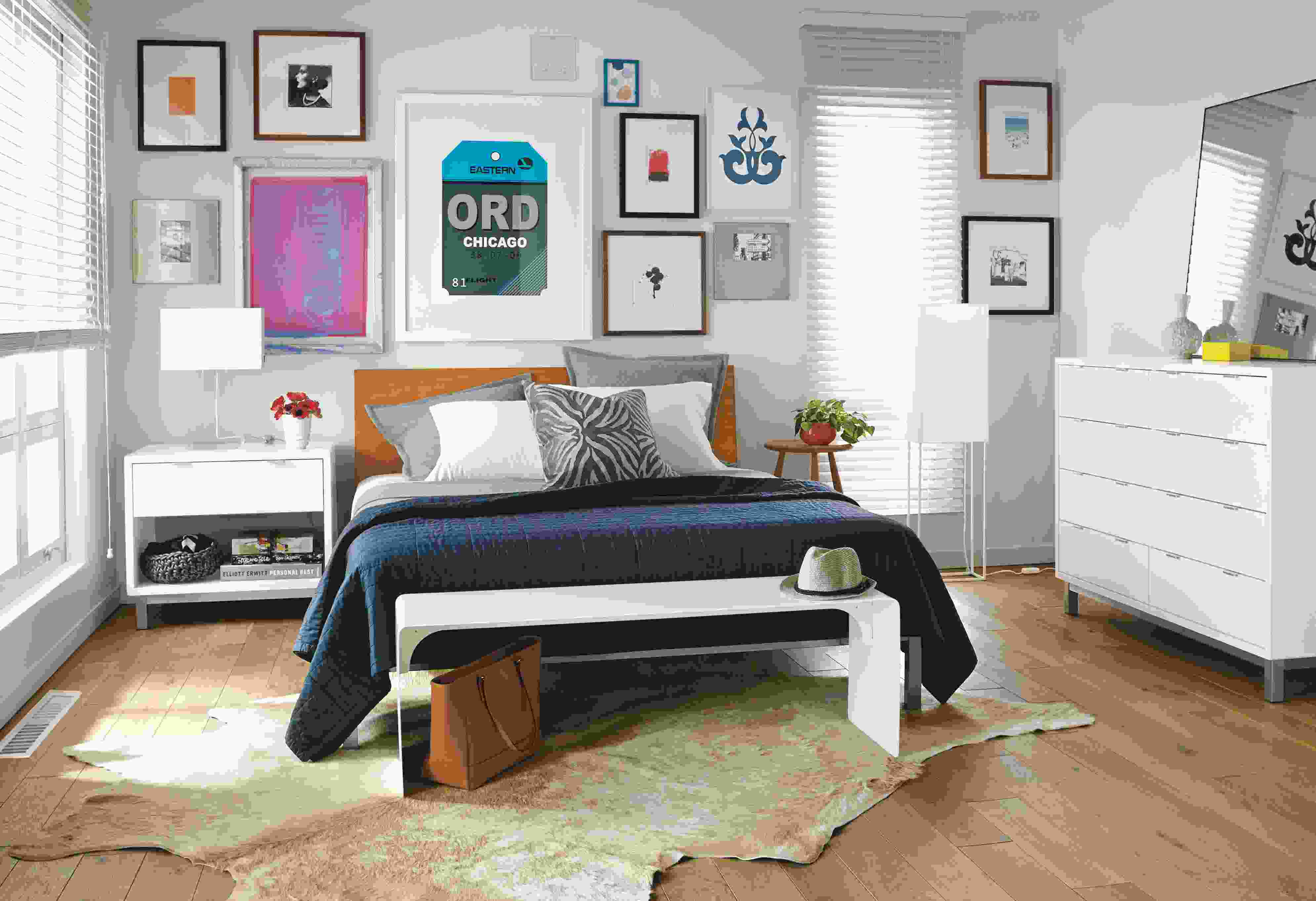 Copenhagen bed, nightstand and dresser in white.