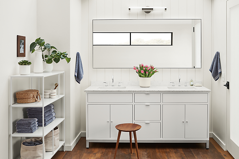 Bathroom featuring the Copenhagen 72-wide vanity with Double sinks in White with Stainless steel hardware and Infinity 70-wide mirror.