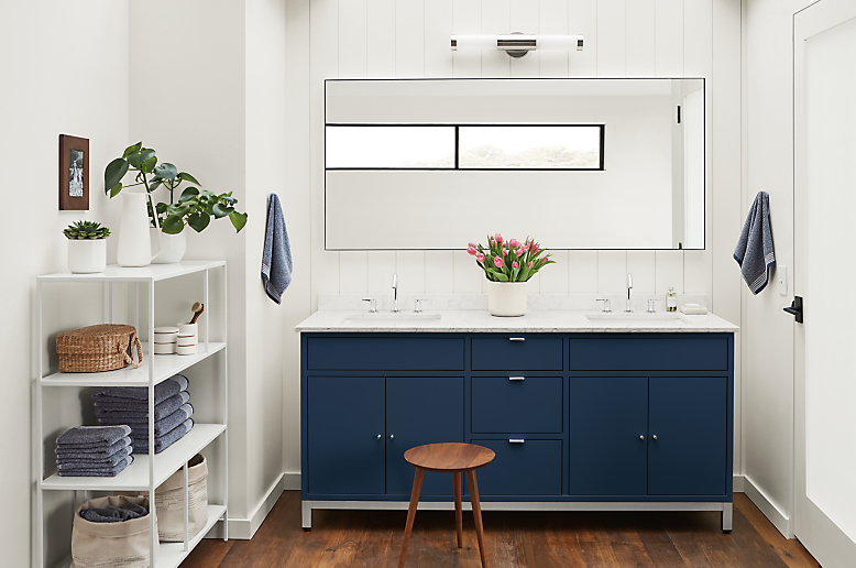 Bathroom featuring the Copenhagen 72-wide vanity with Double sinks in Navy with Stainless steel hardware and Infinity 70-wide mirror.