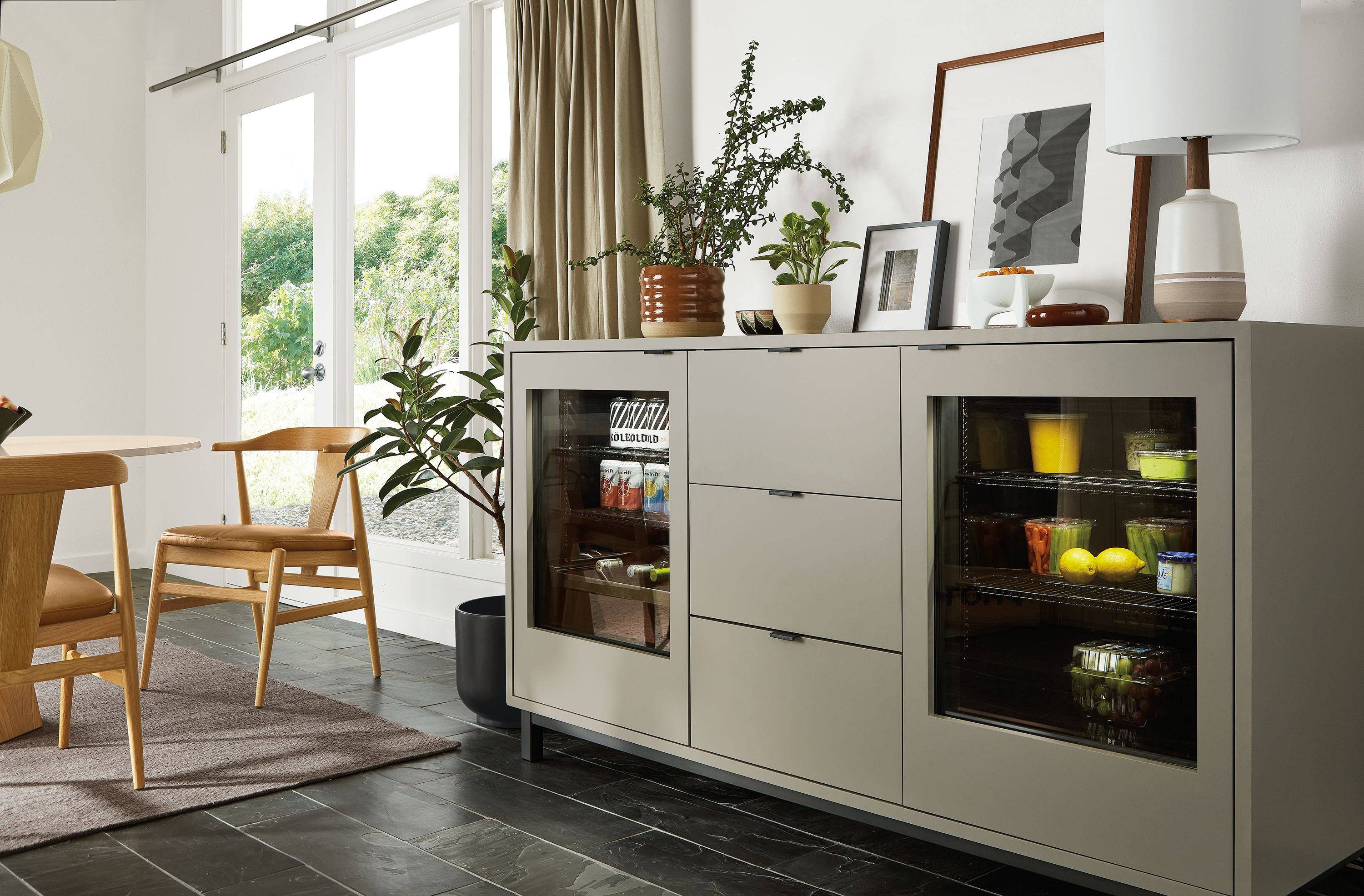 72w cabinet in taupe; left glass door two-shelf fridge, right glass door beverage center fridge, natural steel base